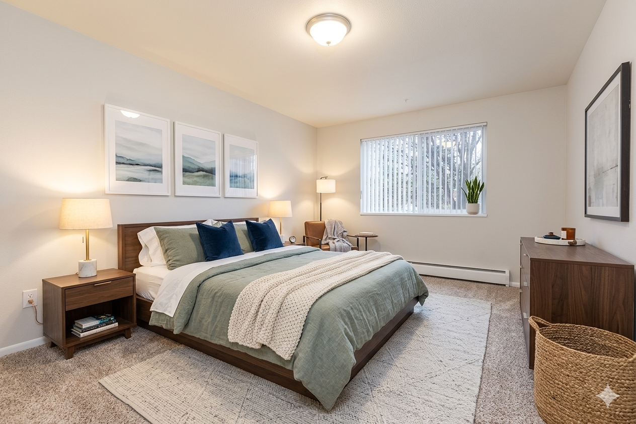 A cozy bedroom featuring a large bed with a green and white bedspread, accent pillows, and a decorative throw. There are two bedside lamps, framed landscape art on the wall, a window with blinds letting in natural light, a small plant, and a wooden dresser, all contributing to a warm, inviting atmosphere.