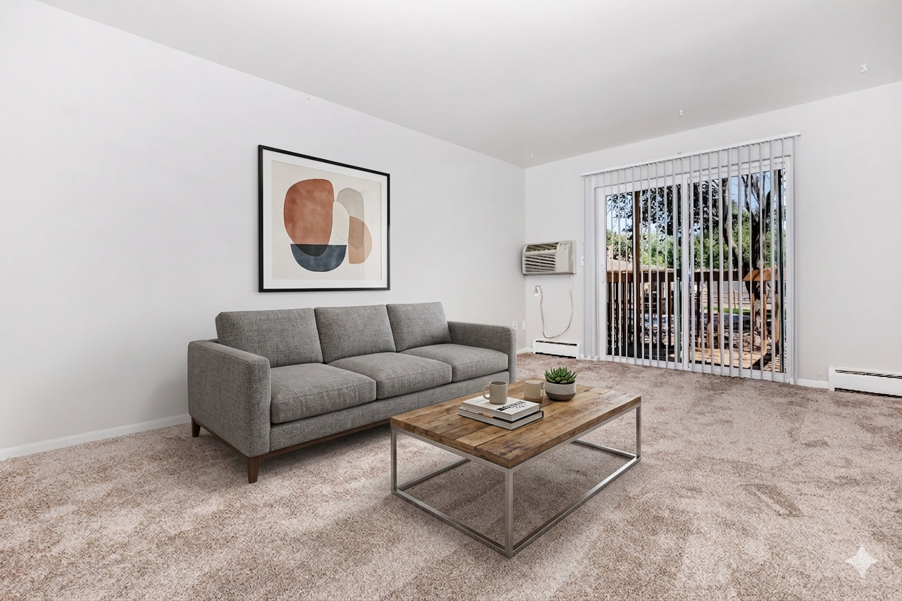 A modern living room featuring a light gray sofa, a wooden coffee table with a plant, and artwork on the wall. A sliding glass door leads to an outdoor space, with an air conditioning unit visible. The floor is carpeted in a neutral color, creating a cozy atmosphere.