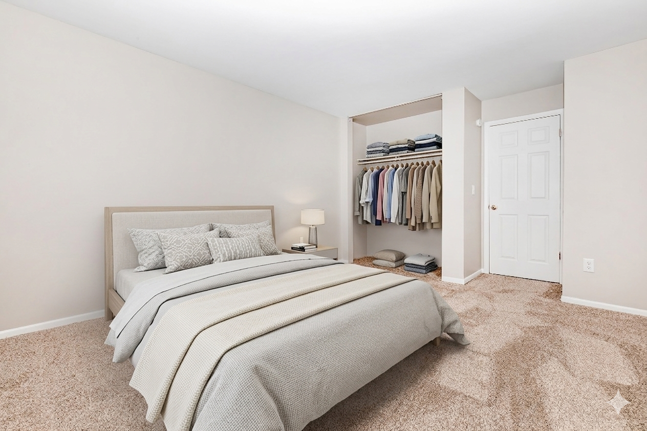 A neutral-colored bedroom featuring a comfortable bed with decorative pillows and a soft throw blanket. A well-organized closet is visible in the background, displaying neatly arranged clothing. The walls are light-colored, and a bedside lamp adds warmth to the space. The carpet is plush and beige.