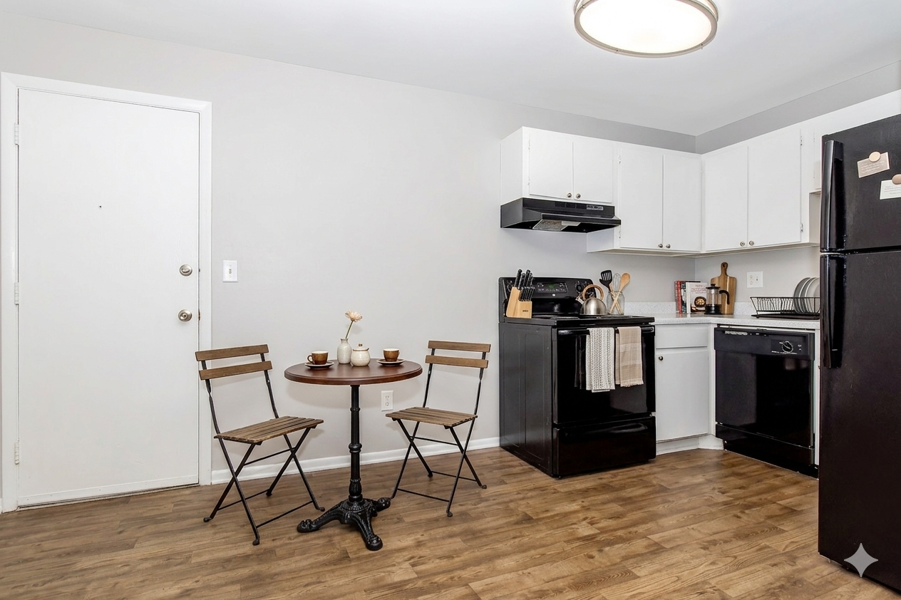 A modern kitchen featuring white cabinets, a black stove, and a black refrigerator. There's a small round table with two wooden chairs, set with cups and a vase of flowers. The walls are painted light gray, and the floor is wooden. A door leads outside on the left.