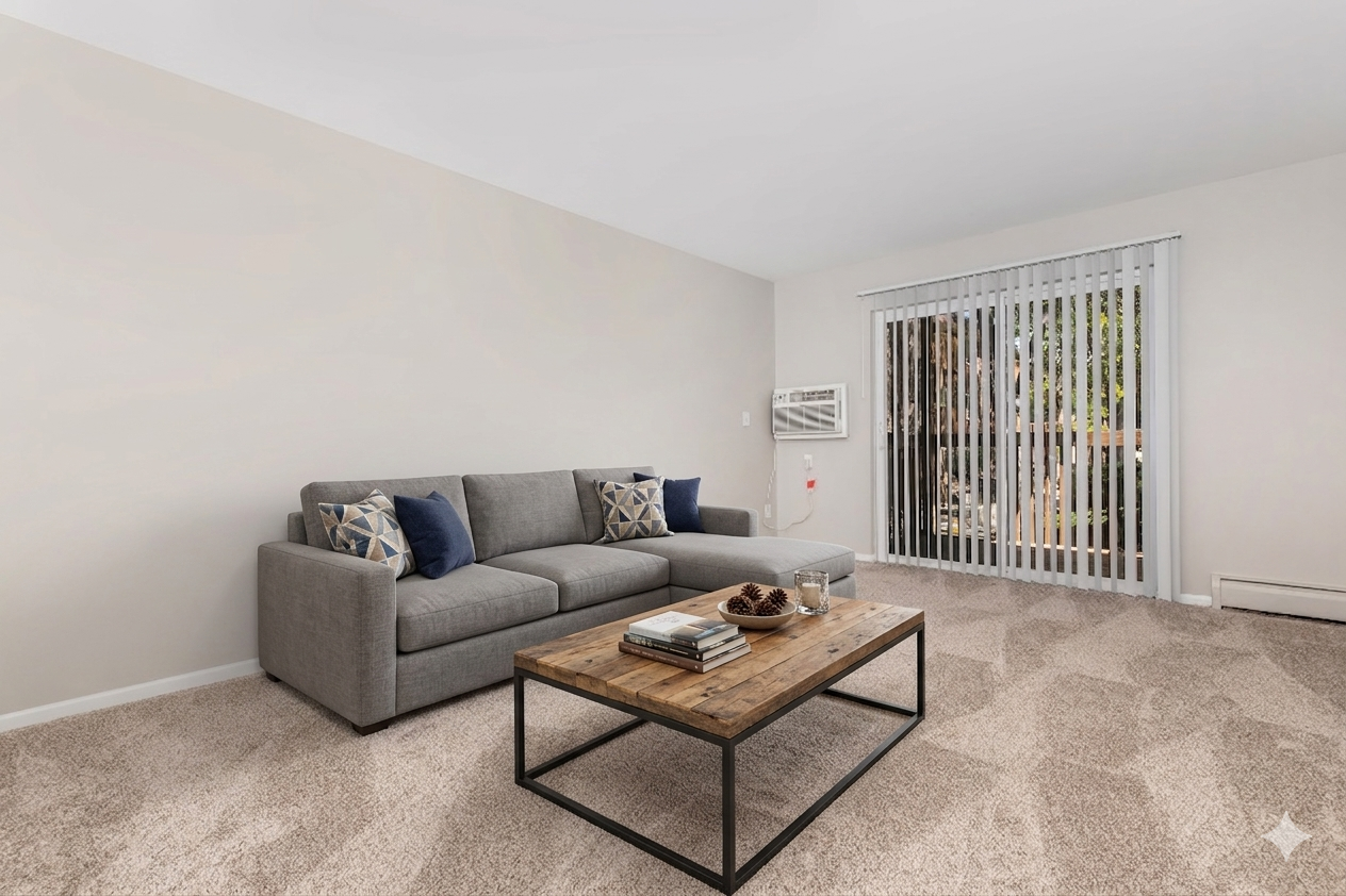 A cozy living room featuring a light gray sectional sofa with blue and patterned pillows, a wooden coffee table with decorative items on it, and a large window with white vertical blinds. The room has beige walls and plush carpet, creating a warm and inviting atmosphere.