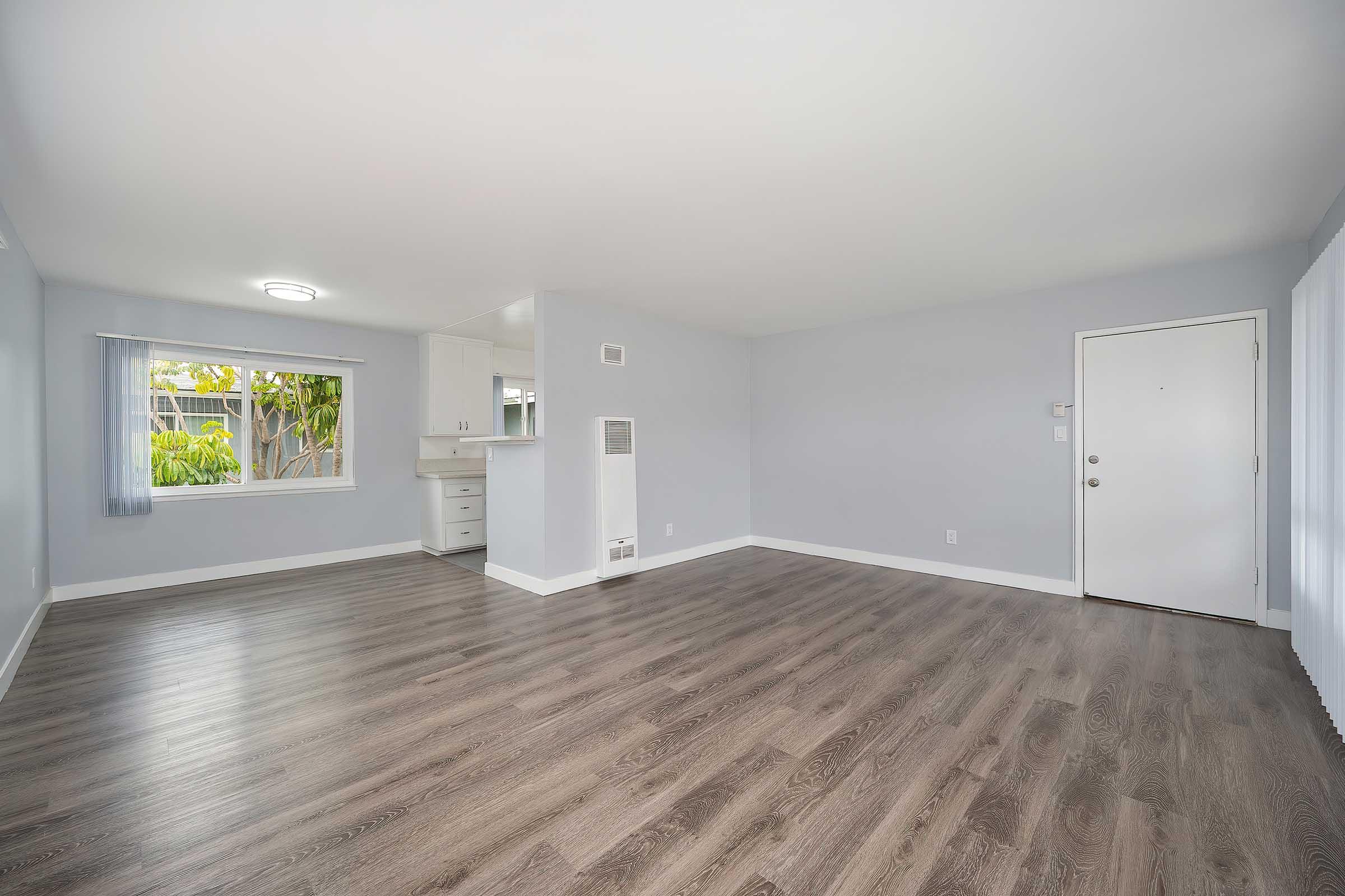 Spacious, empty room with light gray walls and medium wood laminate flooring. A window on the left lets in natural light, showing greenery outside. A small kitchen area is visible in the background, along with a door leading outside. The overall atmosphere is bright and inviting.
