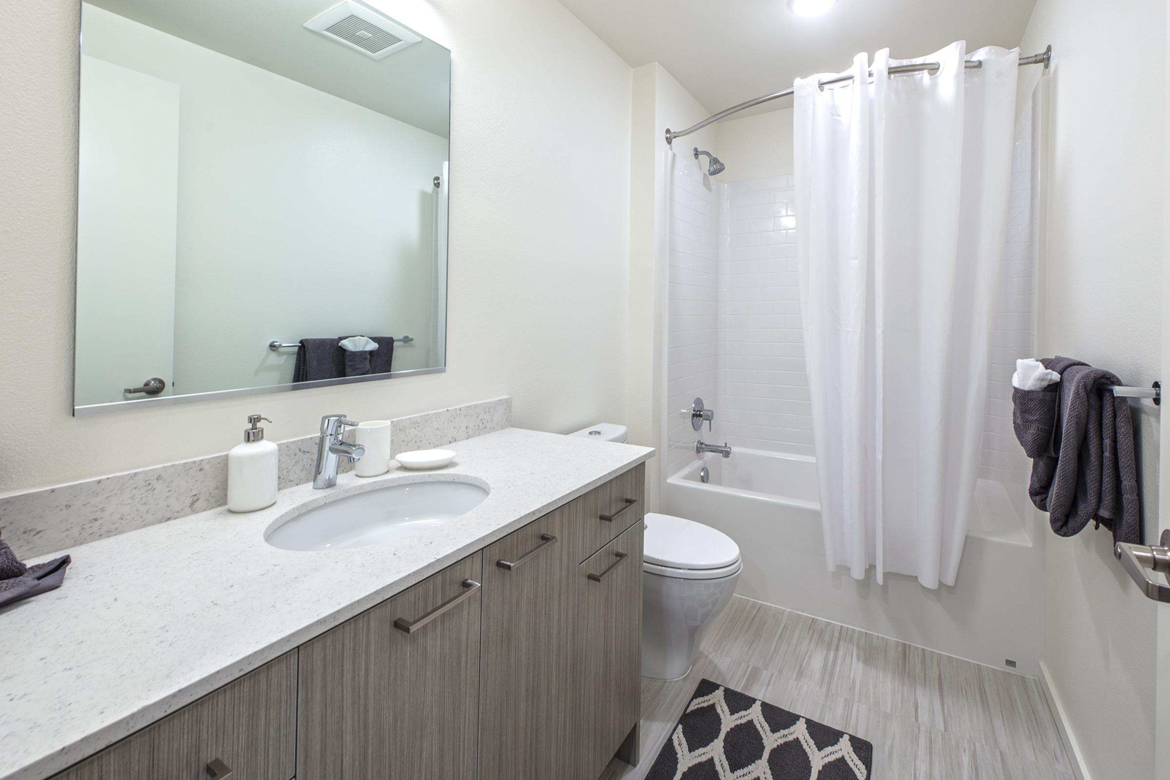 A modern bathroom featuring a white tub with a shower curtain, a mirror above a sink with a light wood cabinet, a dark rug, and gray towels. Natural light comes through the room, highlighting the neutral color scheme of the walls and fixtures.