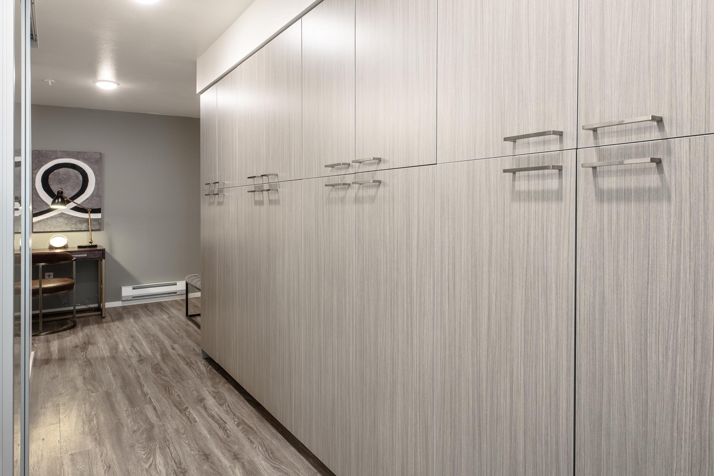 A modern indoor space featuring sleek gray cabinetry with minimalist handles. The cabinetry lines a wall, with a subtly decorated area visible in the background, including a piece of artwork and a small lamp on a table, set against a warm-toned wall and hardwood flooring. Natural light brightens the room.