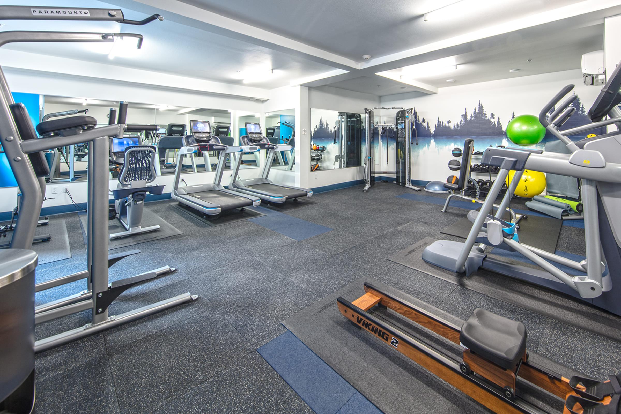 Gym interior featuring various exercise equipment, including treadmills, stationary bikes, a rowing machine, and free weights. The floor is covered with black rubber mats, and there's a large mirror on one wall. The area is well-lit and has a clean, modern design with a mural on one wall.