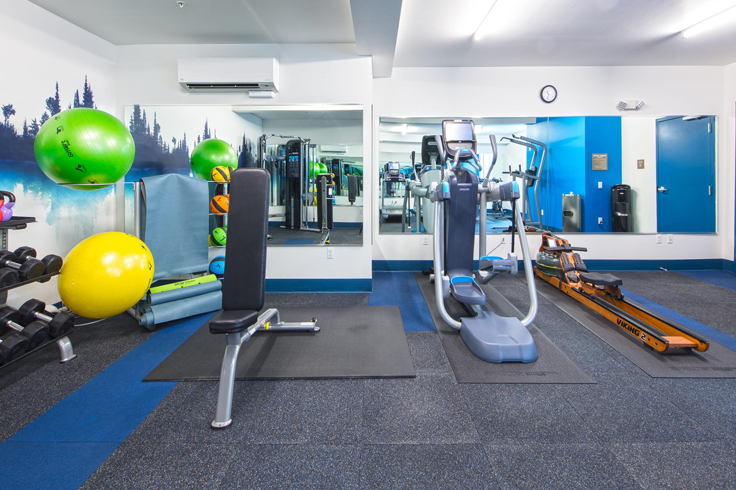 A bright fitness room featuring exercise equipment, including a weight bench, elliptical machine, and rowing machine. Colorful exercise balls are in the corner, and a large mirror reflects the space. The floor is covered with blue gym mats, creating a welcoming workout environment.