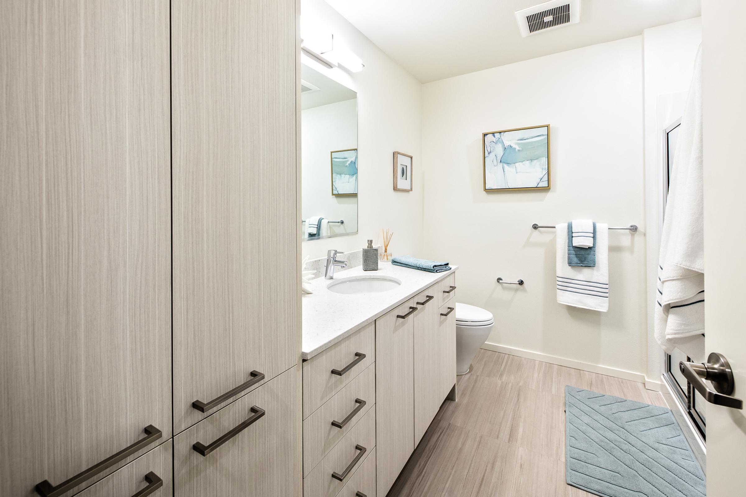 Modern bathroom featuring light-colored cabinetry, a double sink vanity with a large mirror, a toilet, and a towel rack.