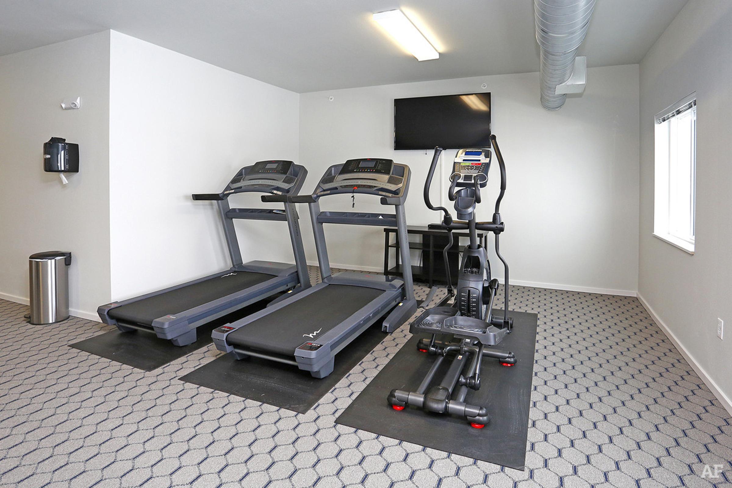 A small, modern gym area featuring two treadmills, an elliptical machine, and a wall-mounted television. The floor is covered with patterned carpeting, and there's a trash can in the corner. Natural light enters through a nearby window, contributing to a bright and clean environment.
