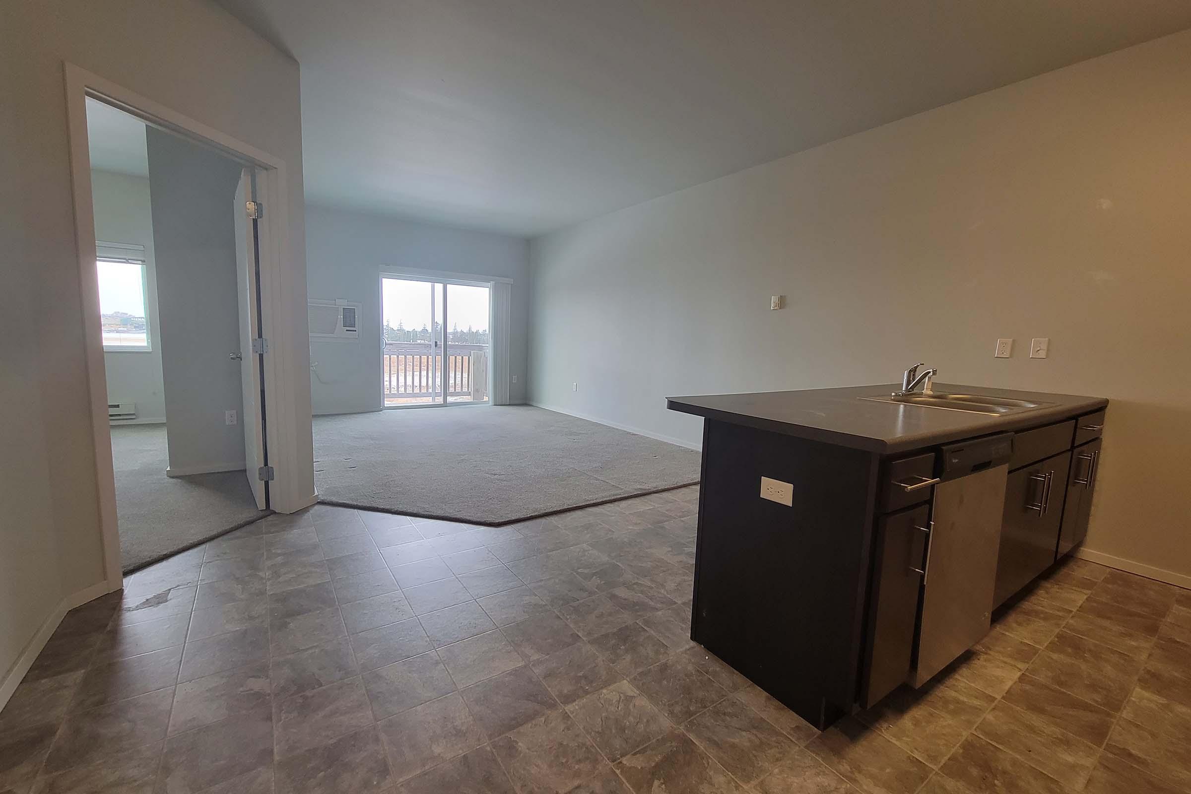Interior view of an open-concept living space featuring a kitchen with stainless steel appliances on the left, a carpeted area in the center, and a large window with a balcony door in the background. The walls are light-colored, and the flooring is tile. The room is bright and airy.