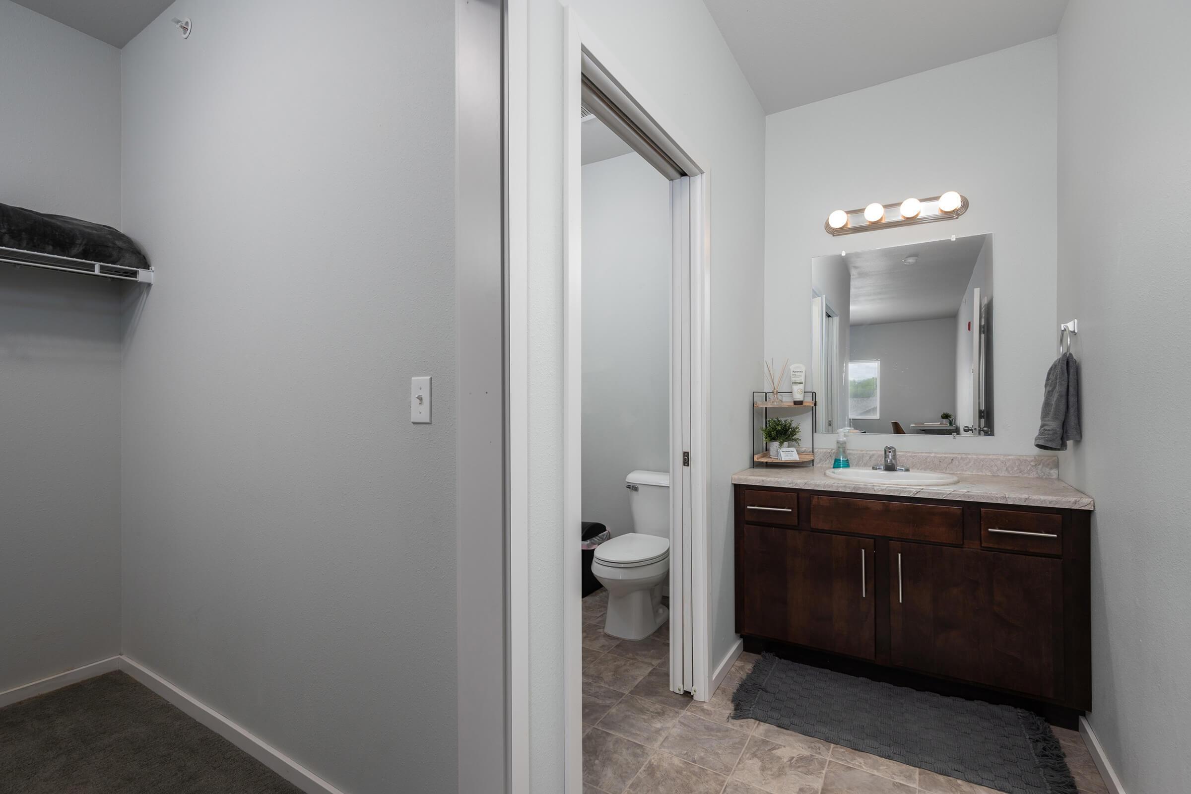 A modern bathroom featuring a dark wood vanity with a sink, large mirror, and wall-mounted light fixtures. To the left, there's an open closet with shelving, and to the right, a door leads to a bathroom with a toilet. Grey walls and tile flooring create a clean and stylish atmosphere.