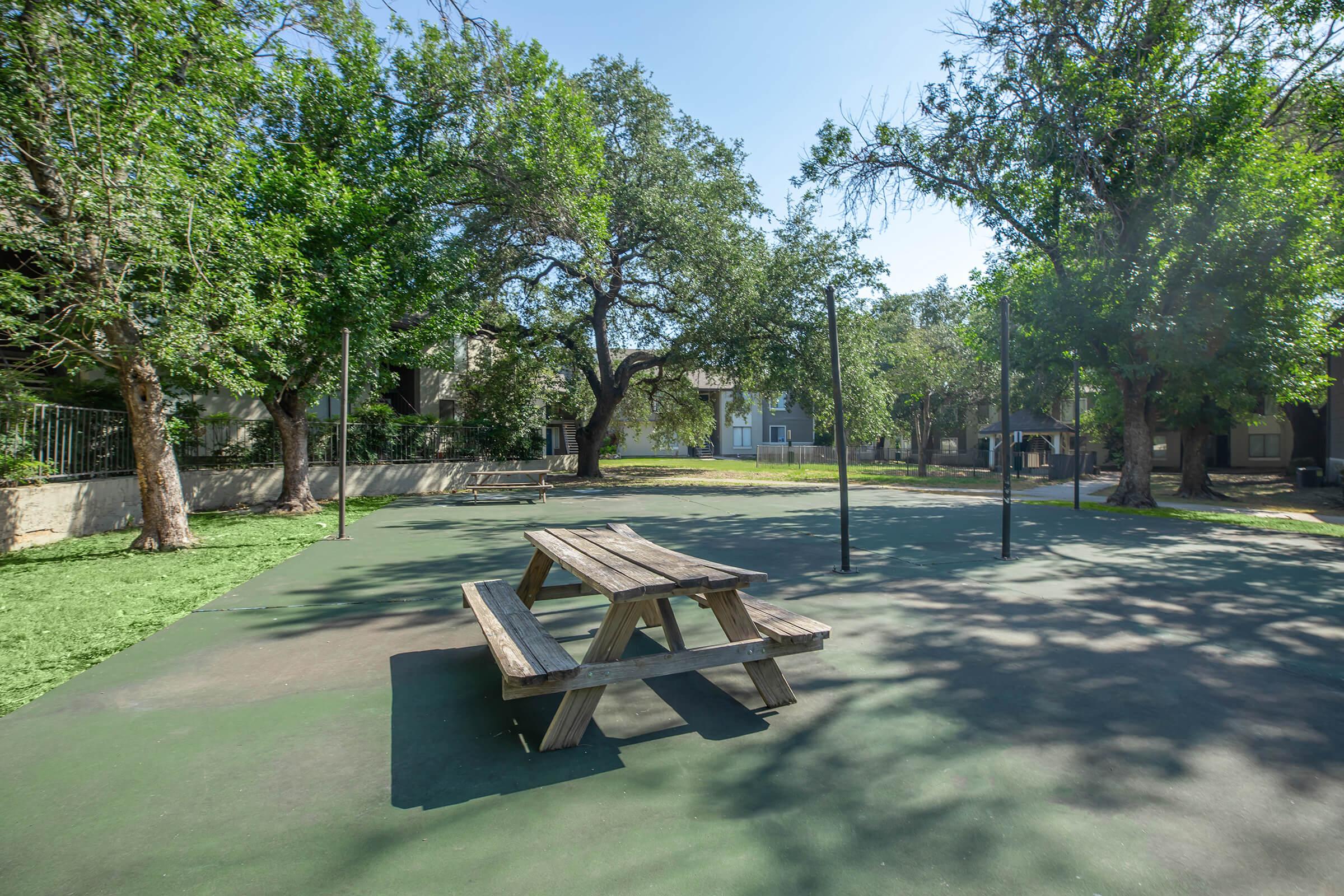 an empty park bench next to a tree