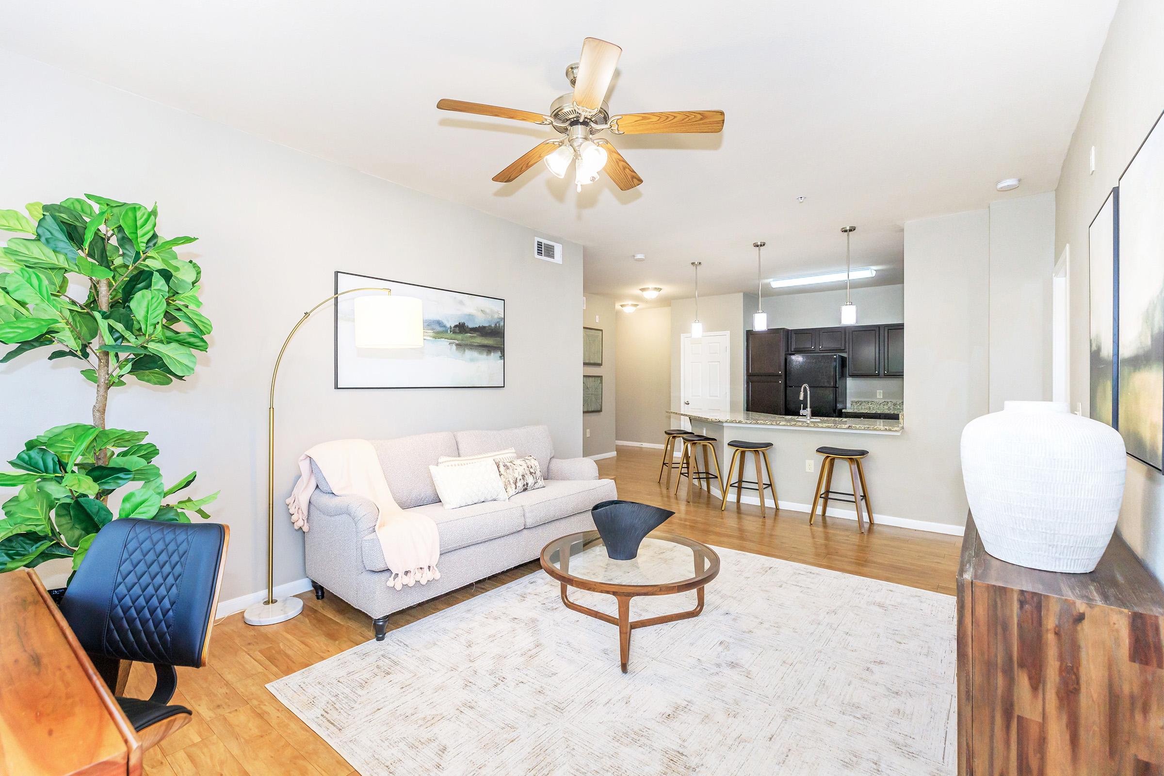 Modern living room featuring a light gray sofa with a throw blanket, a decorative table, and a floor lamp. A tall green plant adds a touch of nature. In the background, there is a dining area with bar stools at a kitchen counter. The walls are painted in neutral tones, creating a warm and inviting atmosphere.