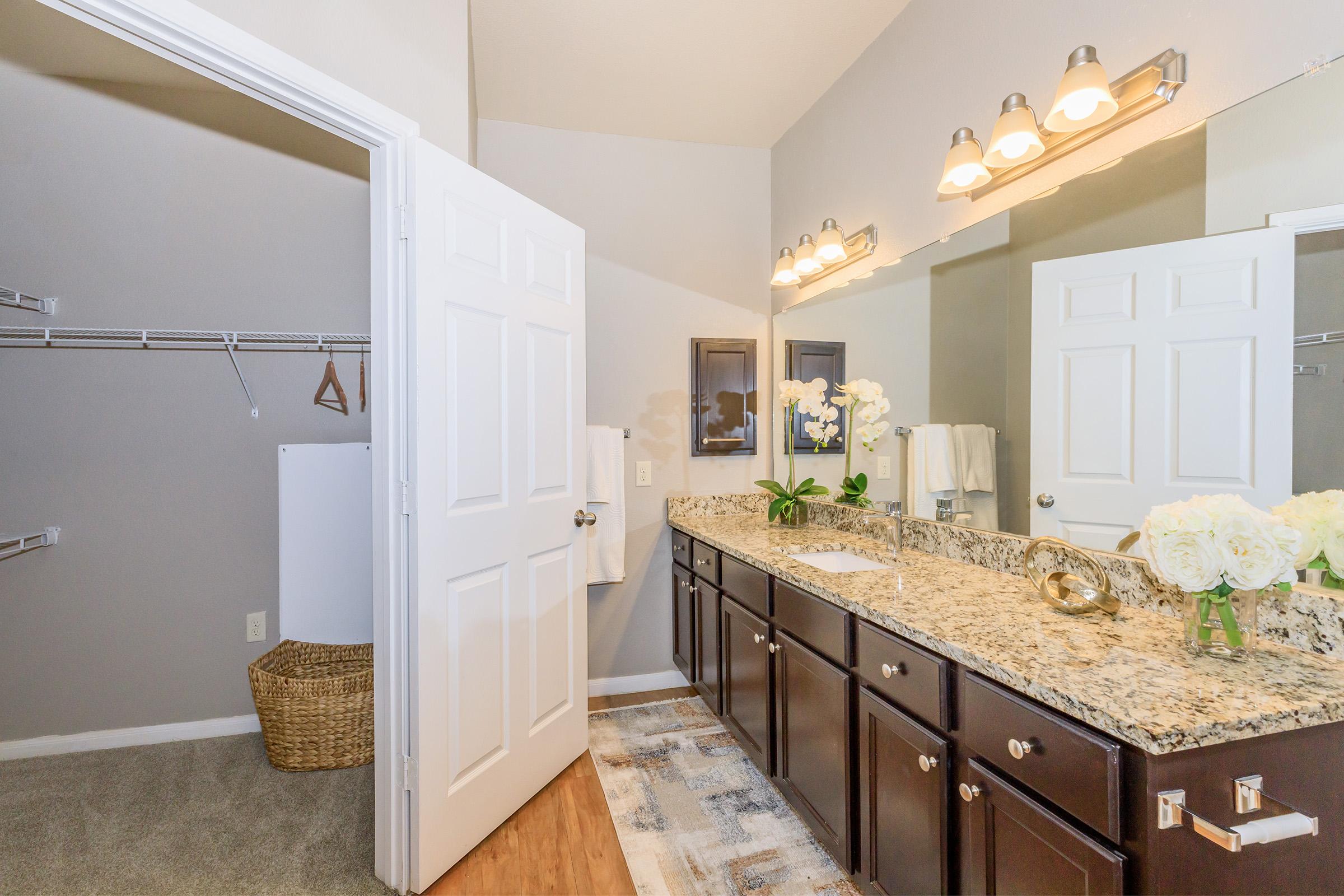 Spacious bathroom featuring a double vanity with a granite countertop, framed mirror, and modern lighting. A large closet is visible through an open door, and decorative elements like white flowers and a woven basket add a stylish touch. The walls are painted in a neutral color, enhancing the airy feel.