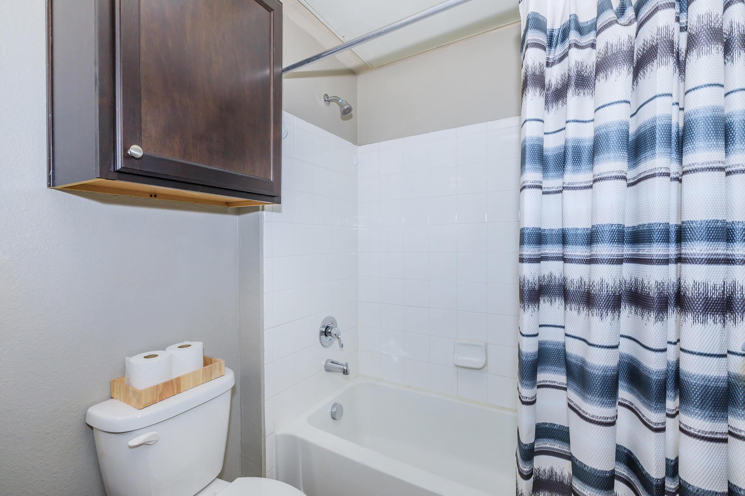 A clean bathroom featuring a white bathtub and shower, a blue and gray striped shower curtain, and a toilet with a wooden holder displaying two rolls of toilet paper. A dark wooden cabinet is mounted above the toilet, and the walls are painted in a neutral tone.
