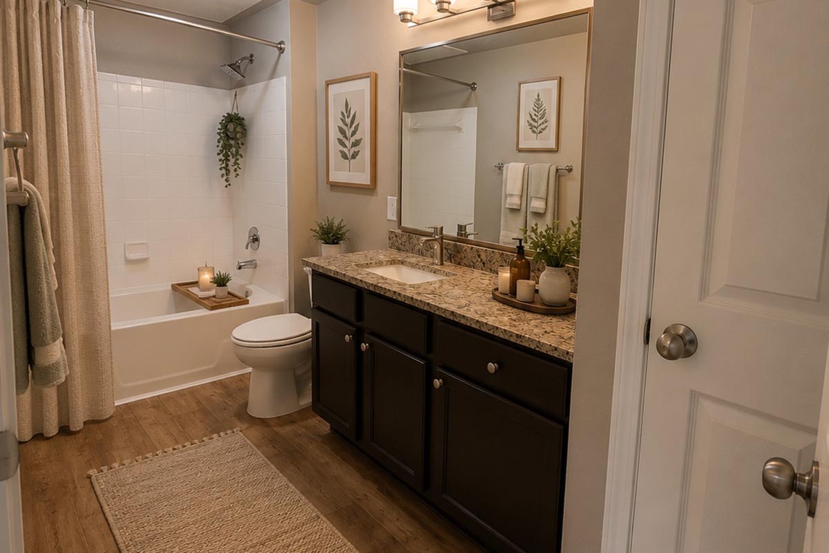 A modern bathroom featuring a bathtub with a shower, wooden cabinetry, a double sink with a granite countertop, decorative plants, wall art of leaves, and neutral-colored accents. The space is well-lit with natural light and has a cozy, inviting atmosphere. A woven rug adds texture to the floor.
