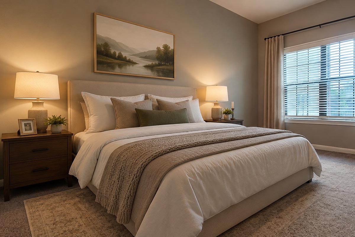 A cozy bedroom featuring a king-sized bed with white linens and a beige throw blanket. There are two bedside tables with lamps, a framed landscape painting above the bed, and a window with curtains allowing natural light. The room has warm tones and a serene atmosphere, enhancing relaxation.