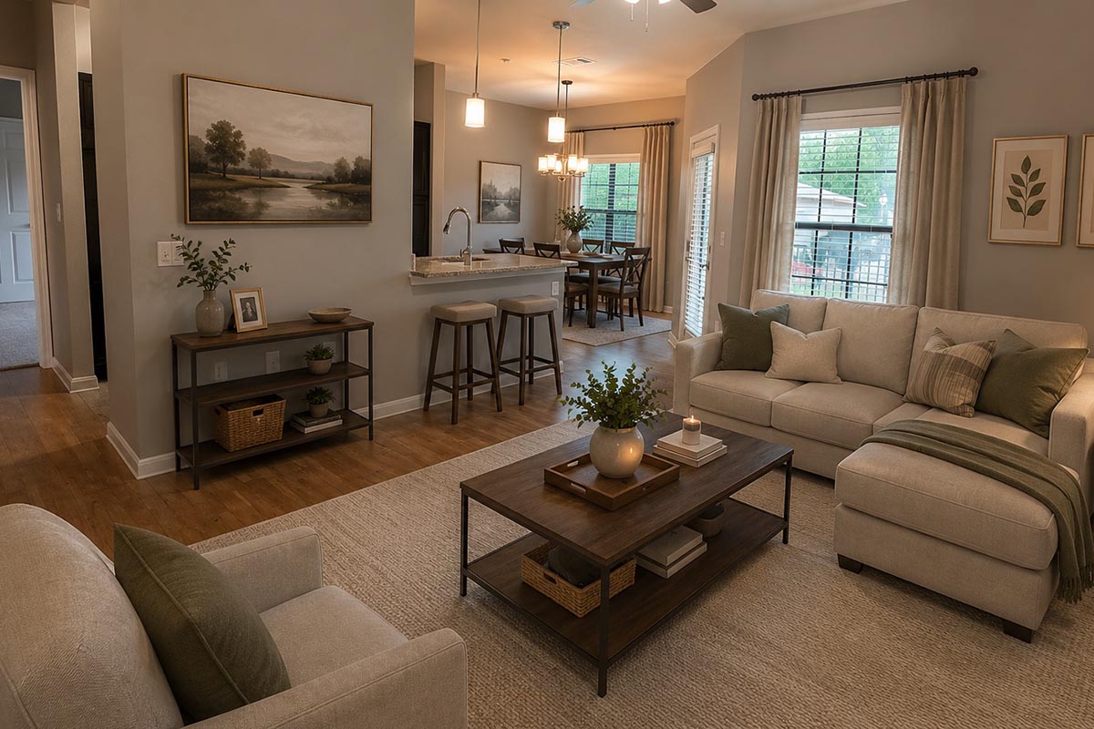 A cozy, modern living room featuring a light-colored sofa and armchair, a wooden coffee table with decorative items, and a neutral area rug. A dining area is visible in the background, along with a kitchen space. The room is warmly lit with pendant lights and has a serene view through large windows.