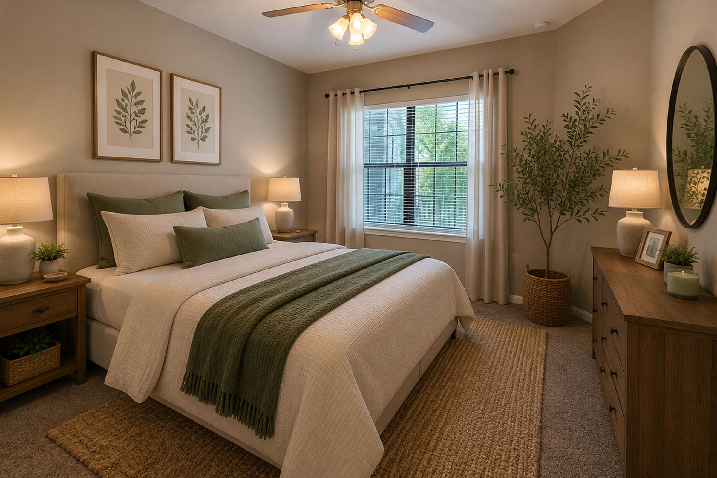 A cozy bedroom featuring a neatly made bed with green and white bedding, decorative throw pillows, and a green throw blanket. Two bedside lamps illuminate wooden nightstands with plants. A large window lets in natural light, framed by curtains. A round mirror and a decorative plant enhance the inviting atmosphere.
