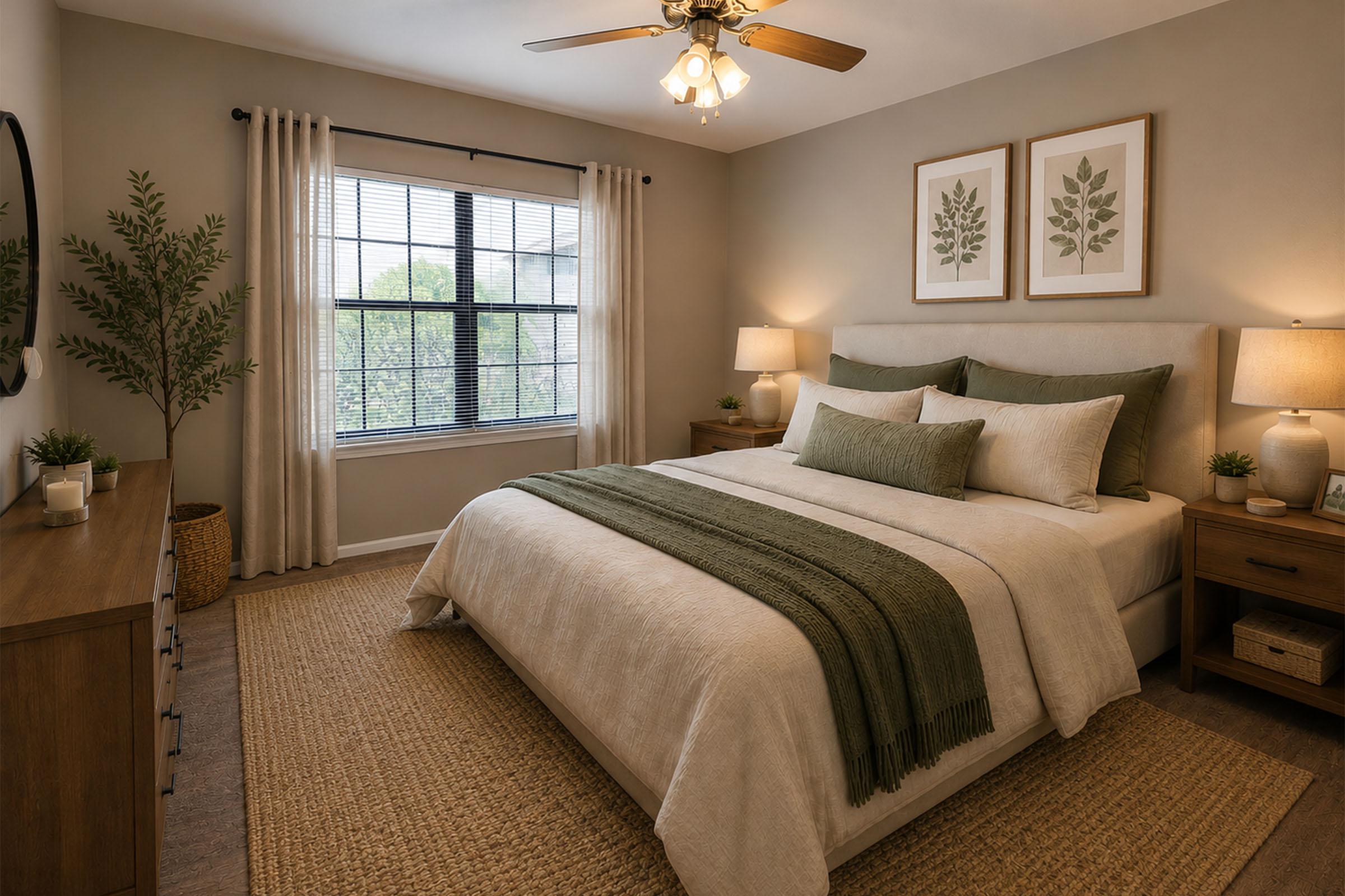 Cozy bedroom featuring a large bed with neutral bedding and a green throw blanket. There are two decorative pillows, wooden nightstands with lamps, and framed leaf artwork on the wall. A window with light curtains allows natural light to fill the room, complemented by a potted plant and woven rug for a warm touch.