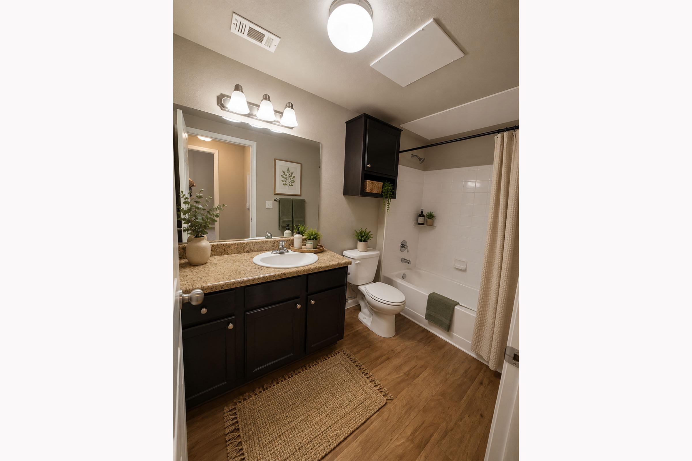A modern bathroom featuring a dark wood vanity with a round sink and granite countertop, a toilet, and a shower with a curtain. The walls are painted in a neutral tone, and there are decorative plants on the vanity and wall. A woven rug covers the floor, adding warmth to the space.