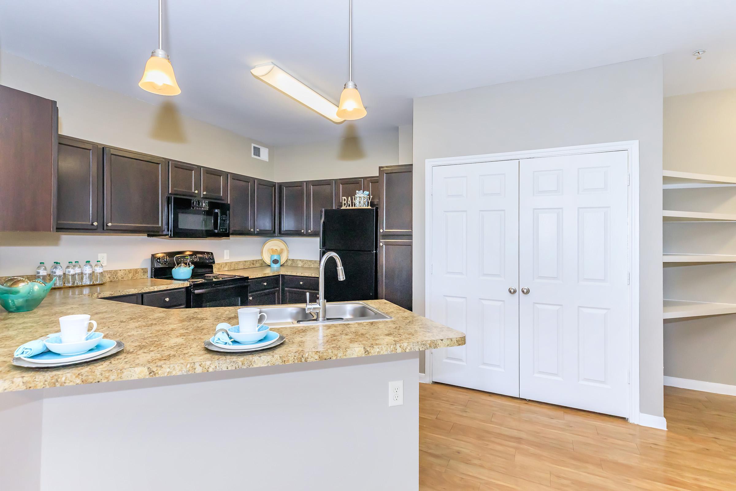 Modern kitchen featuring dark cabinetry, granite countertops, stainless steel appliances, and a breakfast bar with teal accents. The room has pendant lighting and an open layout, with a white double-door pantry and shelves in the background. Natural light fills the space, highlighting the wood-like flooring.