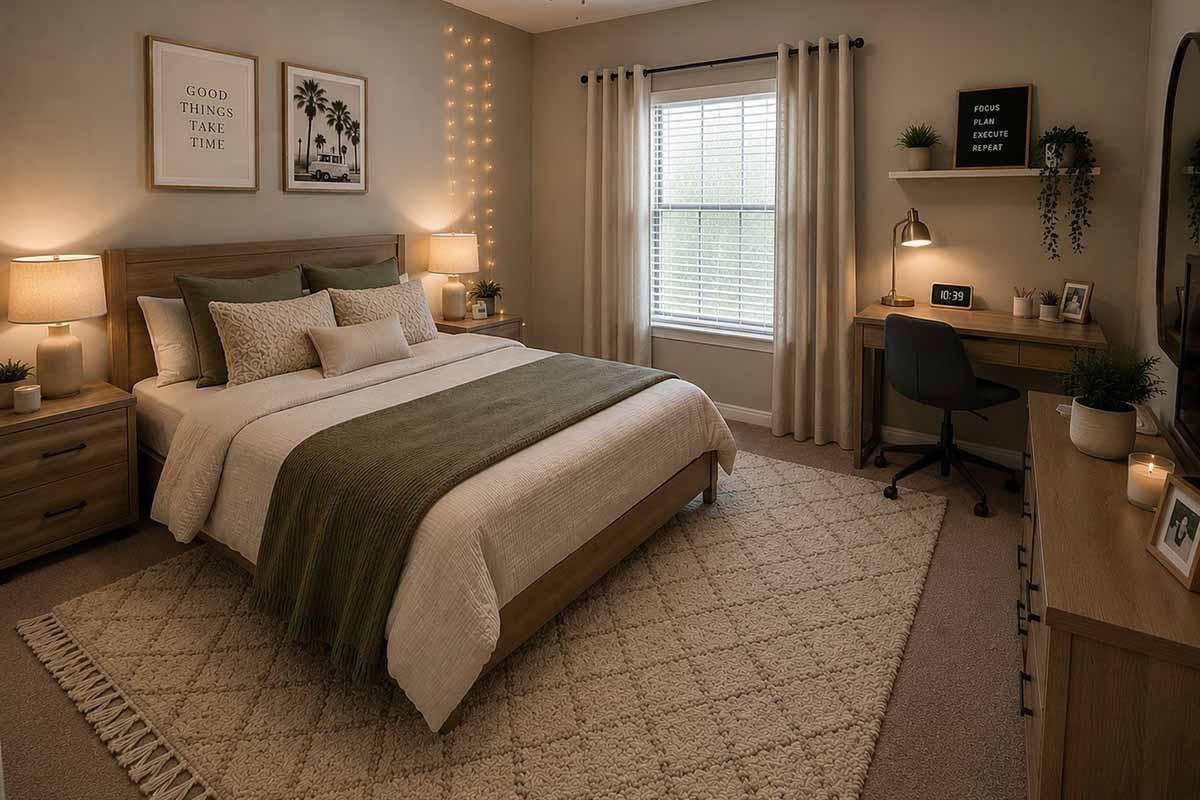 A cozy bedroom featuring a wooden bed with a green and white bedding set. There are two nightstands with lamps, framed artwork on the walls, and a large window with curtains allowing natural light. A desk and chair are positioned near the window, and a soft area rug covers the floor.