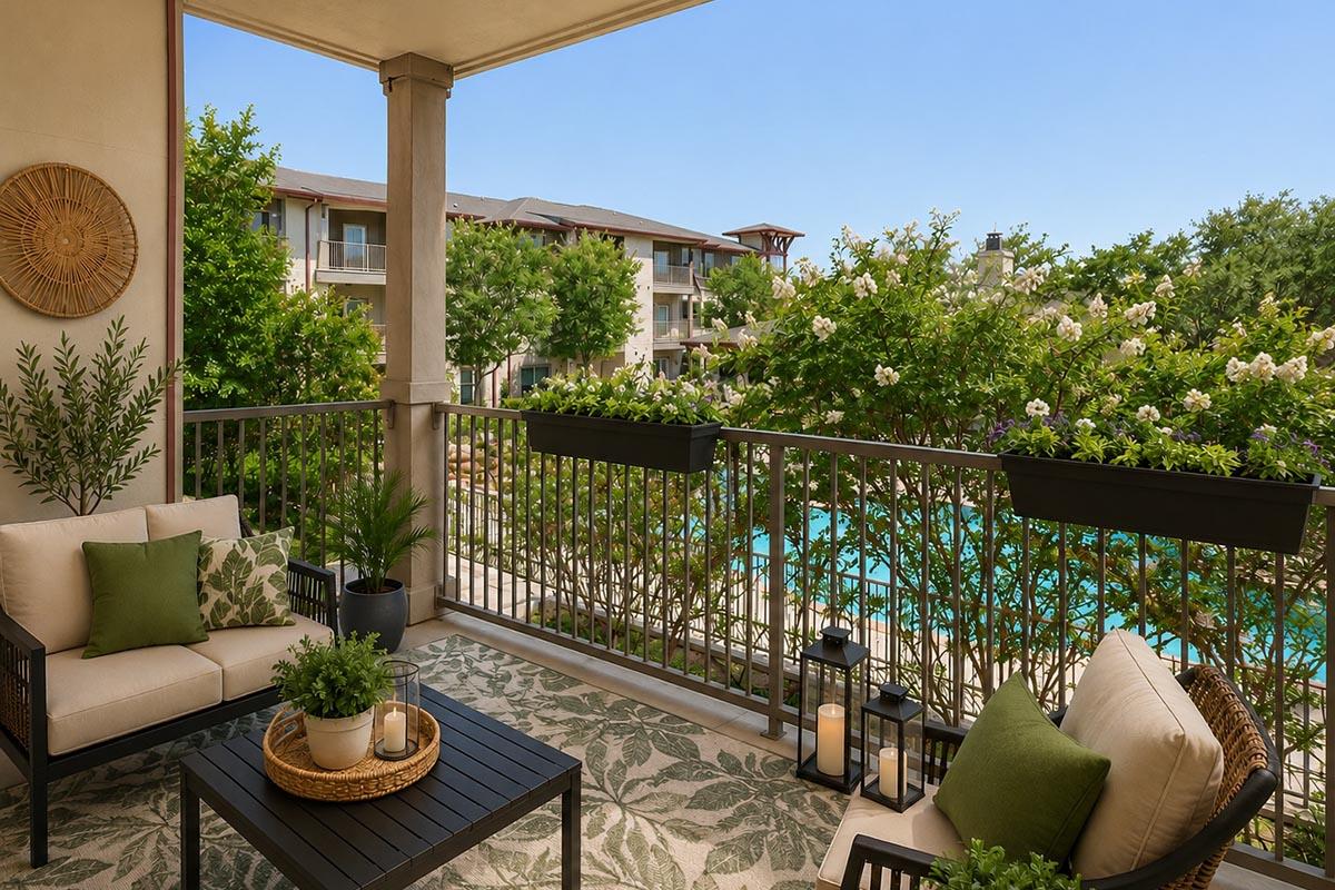 A cozy balcony with comfortable seating, decorative pillows, and a small table. Lush greenery surrounds the area, with flower pots and lanterns enhancing the ambiance. In the background, a pool and additional apartment buildings are visible under a clear blue sky.