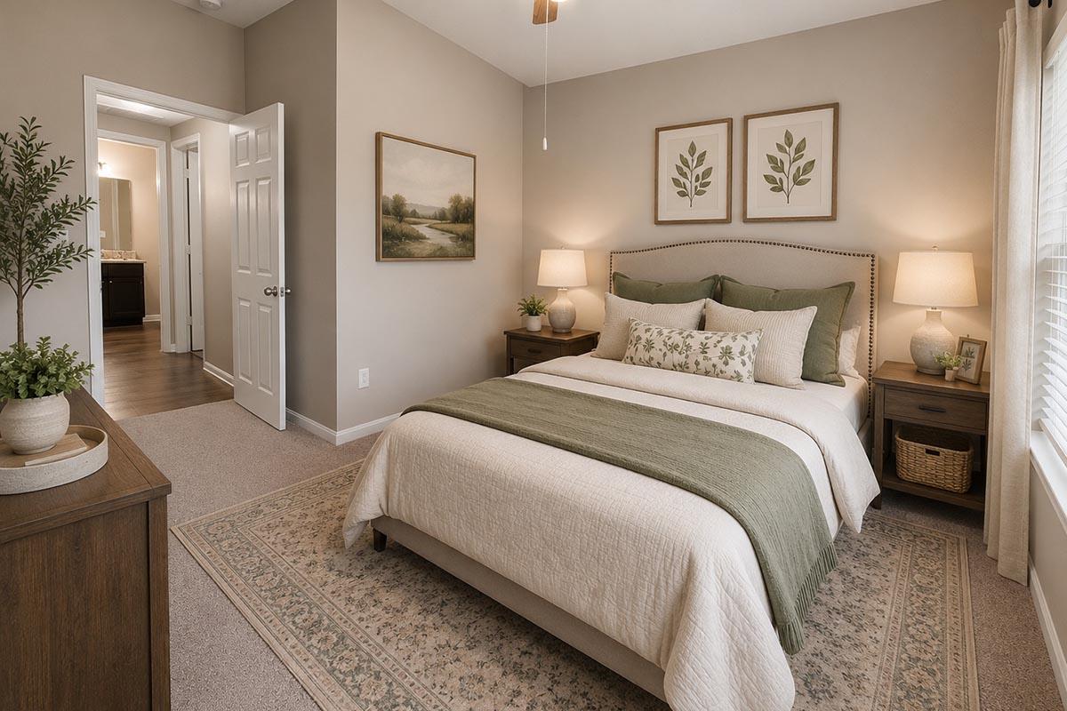 A cozy bedroom featuring a queen-sized bed with a neutral-colored bedspread and decorative pillows. Two bedside lamps illuminate the space, and a plush area rug lies under the bed. The walls are painted in soft tones, adorned with framed botanical art. A doorway leads to a bathroom, and a potted plant adds a touch of greenery.