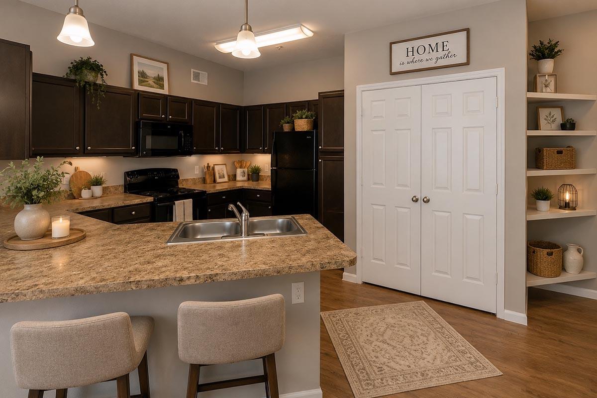 Modern kitchen featuring dark wood cabinets, a granite countertop with bar stools, and stainless steel appliances. There’s a cozy entryway with double doors, a decorative sign reading "HOME," and shelves adorned with plants and decorative items. Warm lighting creates a welcoming atmosphere.