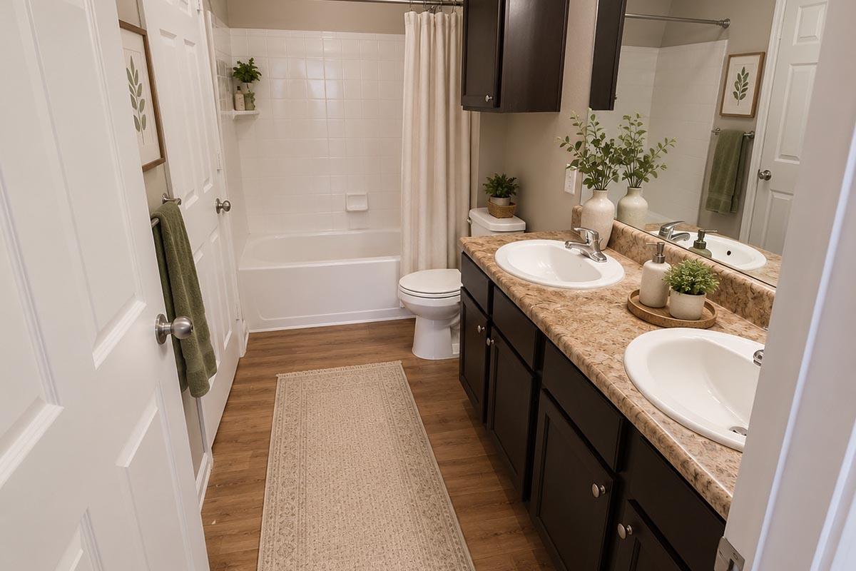 A well-decorated bathroom featuring a double vanity with two sinks, a light-colored countertop, and dark wood cabinetry. A bathtub with a shower curtain is visible. The space includes plants for added decor and a neutral rug on a wooden floor, creating a calm and inviting atmosphere.