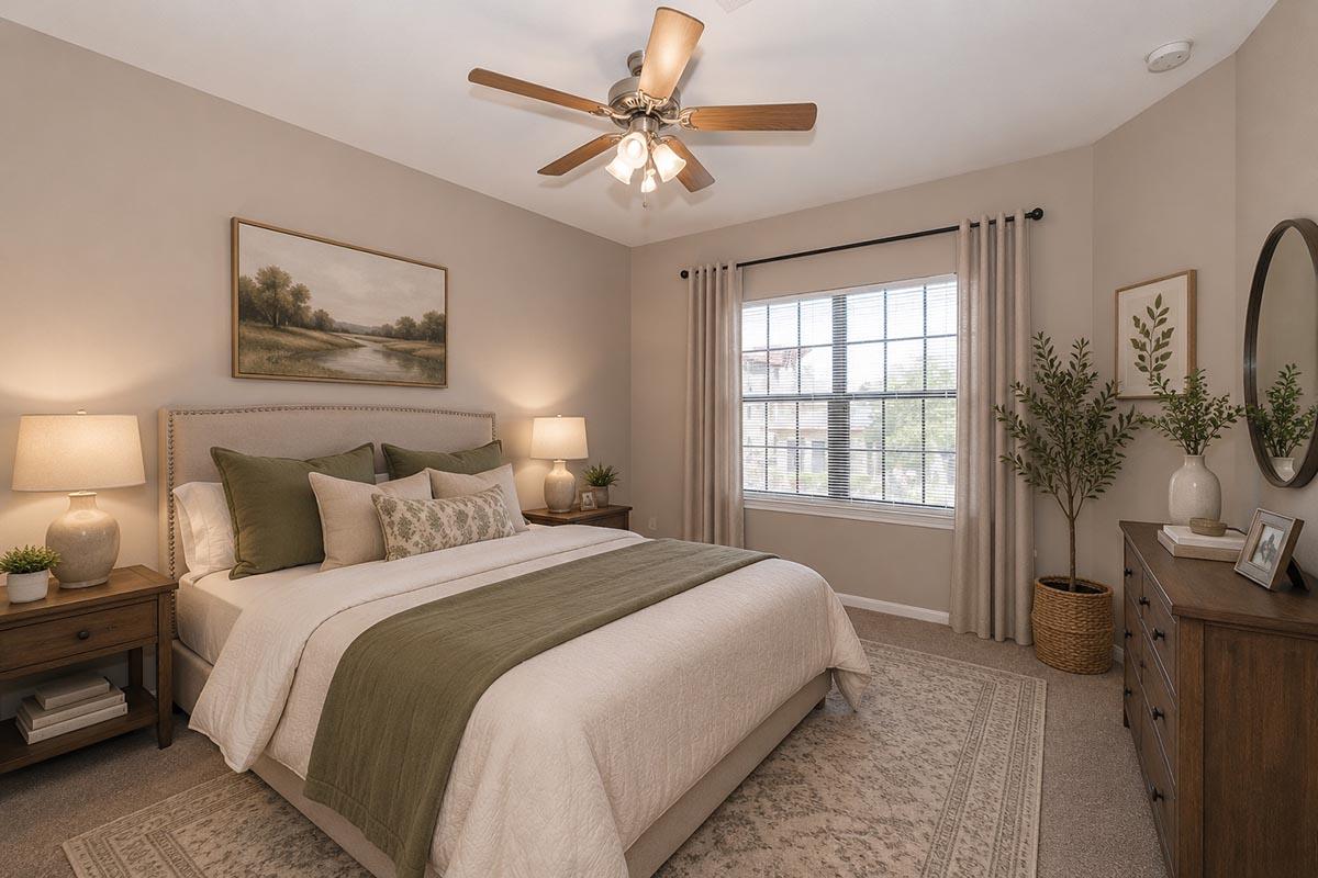 A cozy bedroom featuring a queen-sized bed with green and neutral bedding, two bedside lamps, wooden nightstands, and a wall-mounted mirror. Natural light enters through a window with curtains, and decorative plants enhance the warm, inviting atmosphere. A landscape painting adds a touch of elegance to the decor.