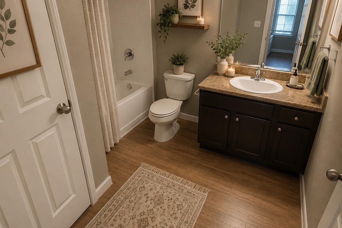 A modern bathroom featuring a shower tub combination, a white toilet, and a sleek sink with a dark wood vanity. Decorated with a plant and candles, the space has light-colored walls and a warm wooden floor, complemented by a neutral area rug and framed botanical art on the walls.
