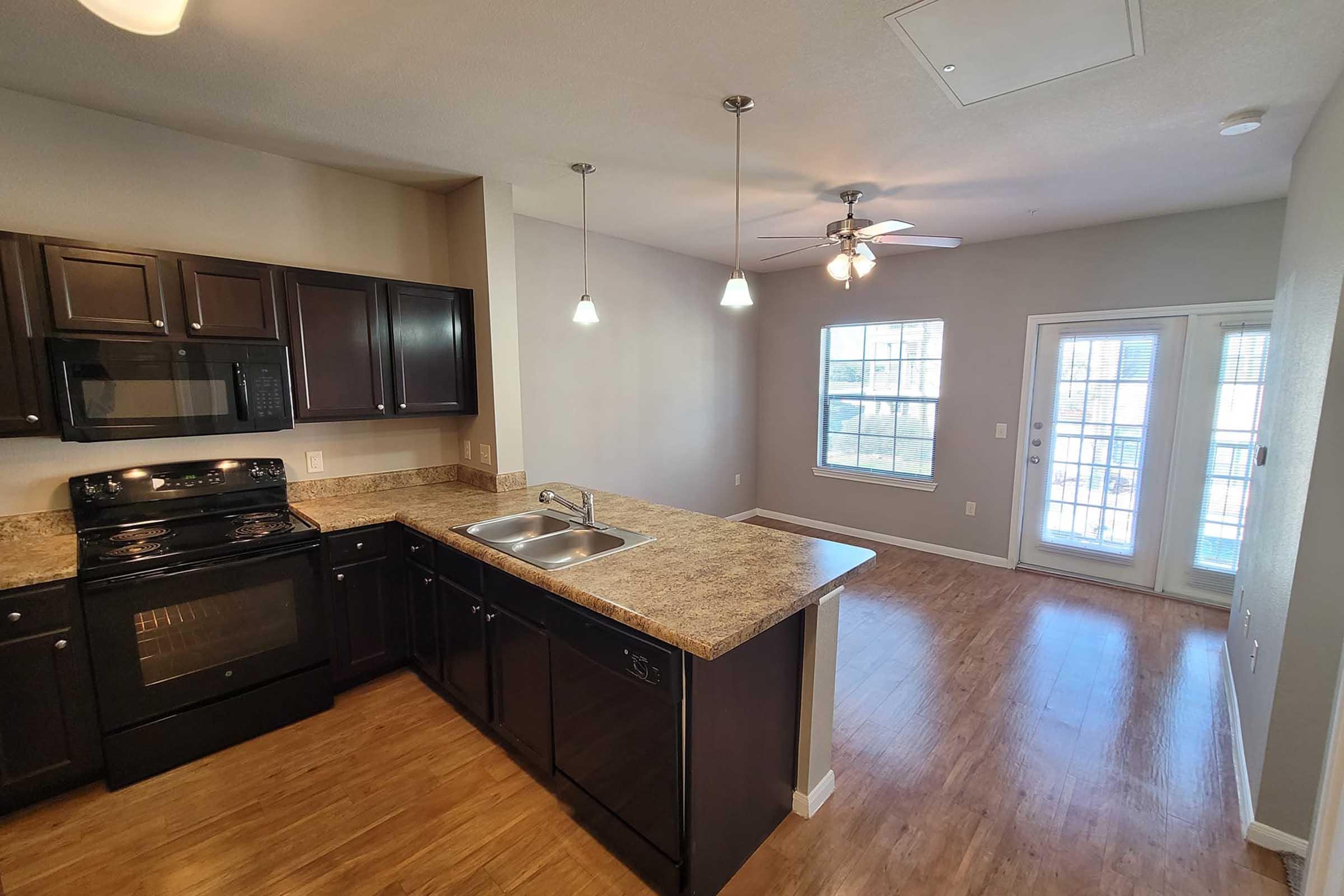 A modern kitchen with dark cabinetry and a granite countertop, featuring a sink and stainless steel appliances. The adjacent living area includes a ceiling fan and sliding glass doors leading to a balcony or patio, with natural light coming through the windows. The flooring is wooden throughout.