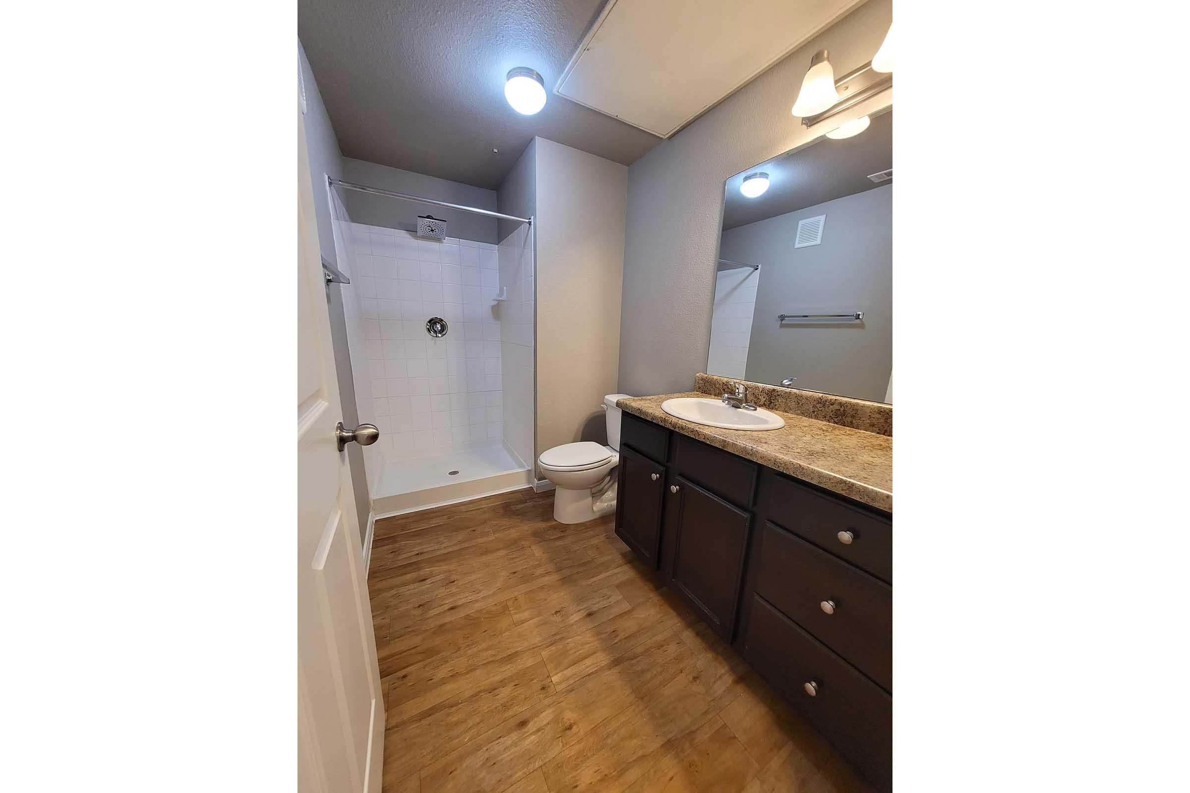 A clean bathroom featuring a shower stall, toilet, and a vanity with a sink and granite countertop. The walls are painted gray, and the floor has a wood-like appearance. Bright lighting is provided by overhead fixtures.