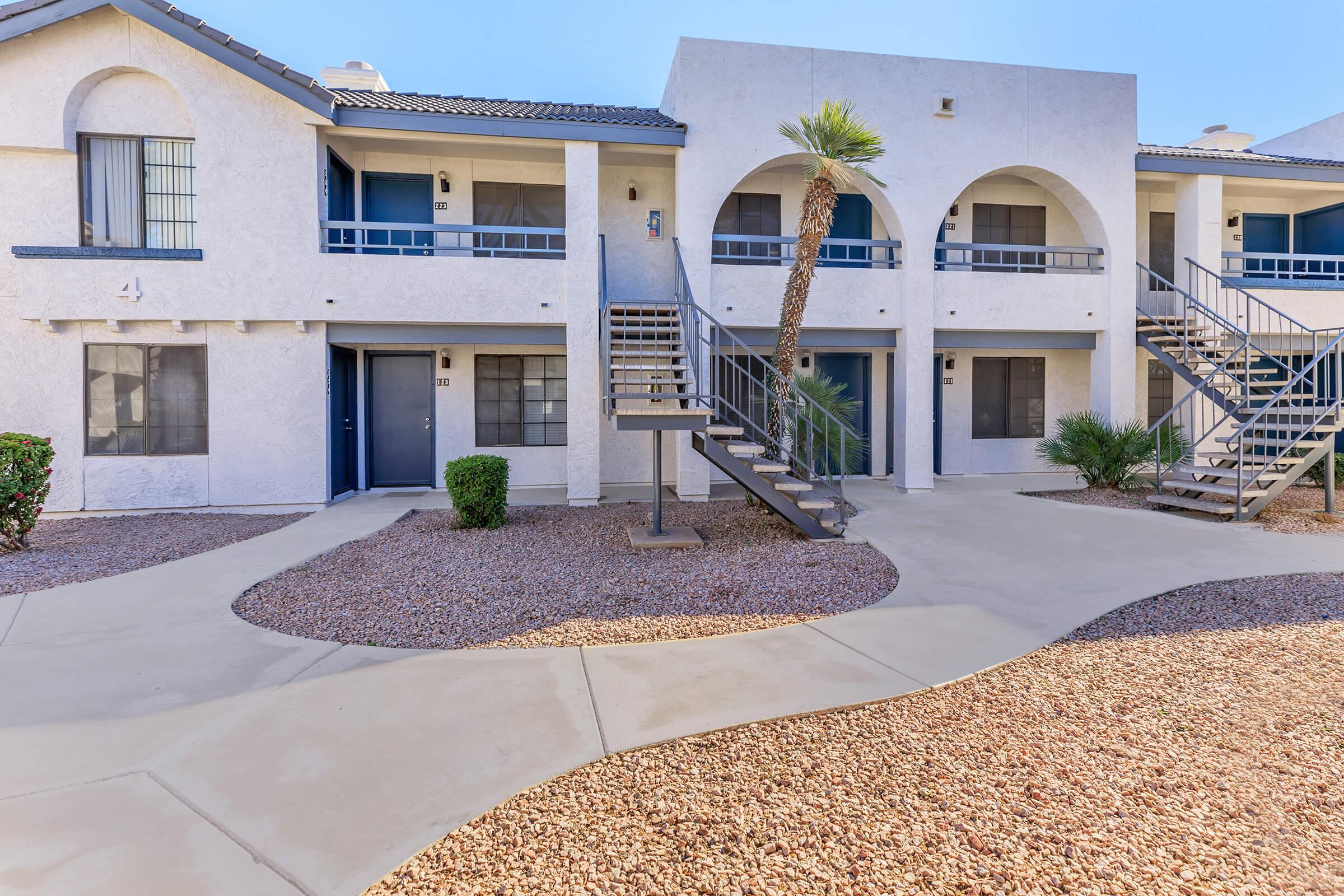 Outdoor front view of a gravel path and Rise on Cactus Phoenix apartments