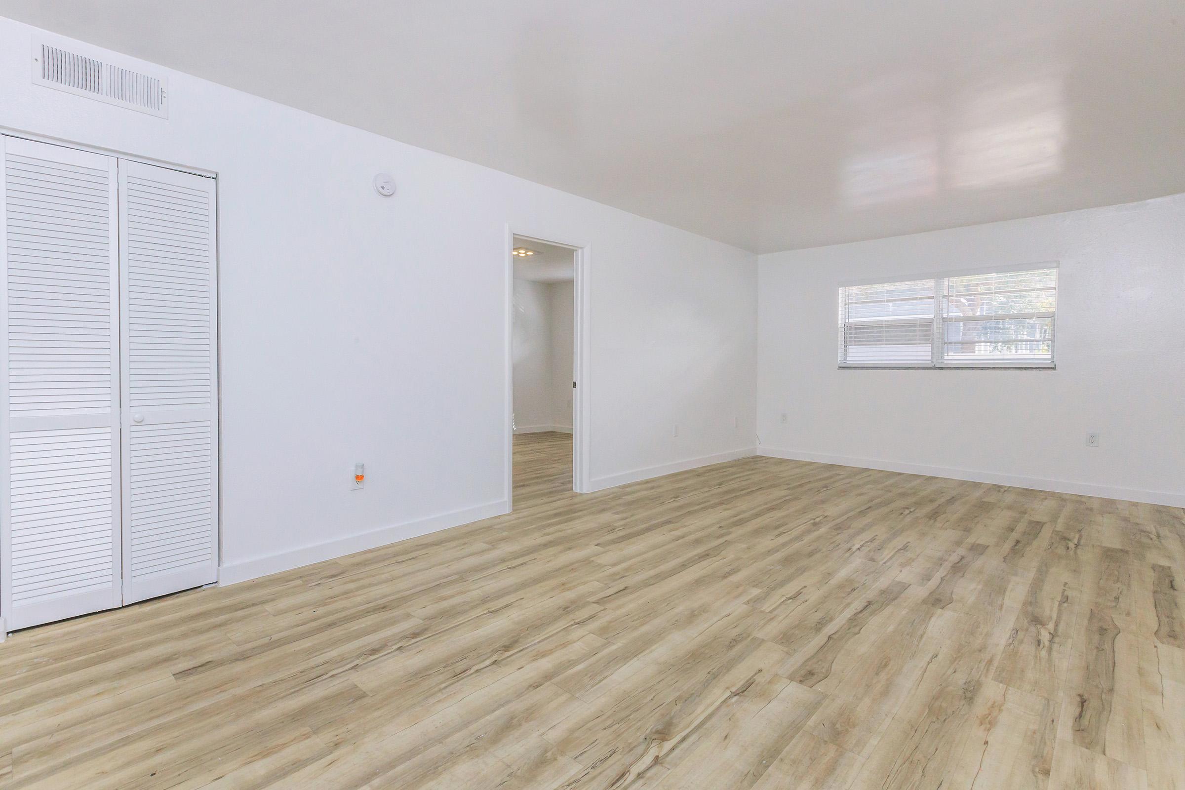 Spacious, empty room with light-colored wood-like flooring, white walls, a closet on the left, and a large window on the right that lets in natural light. The room has a neutral, modern aesthetic, ideal for various uses.