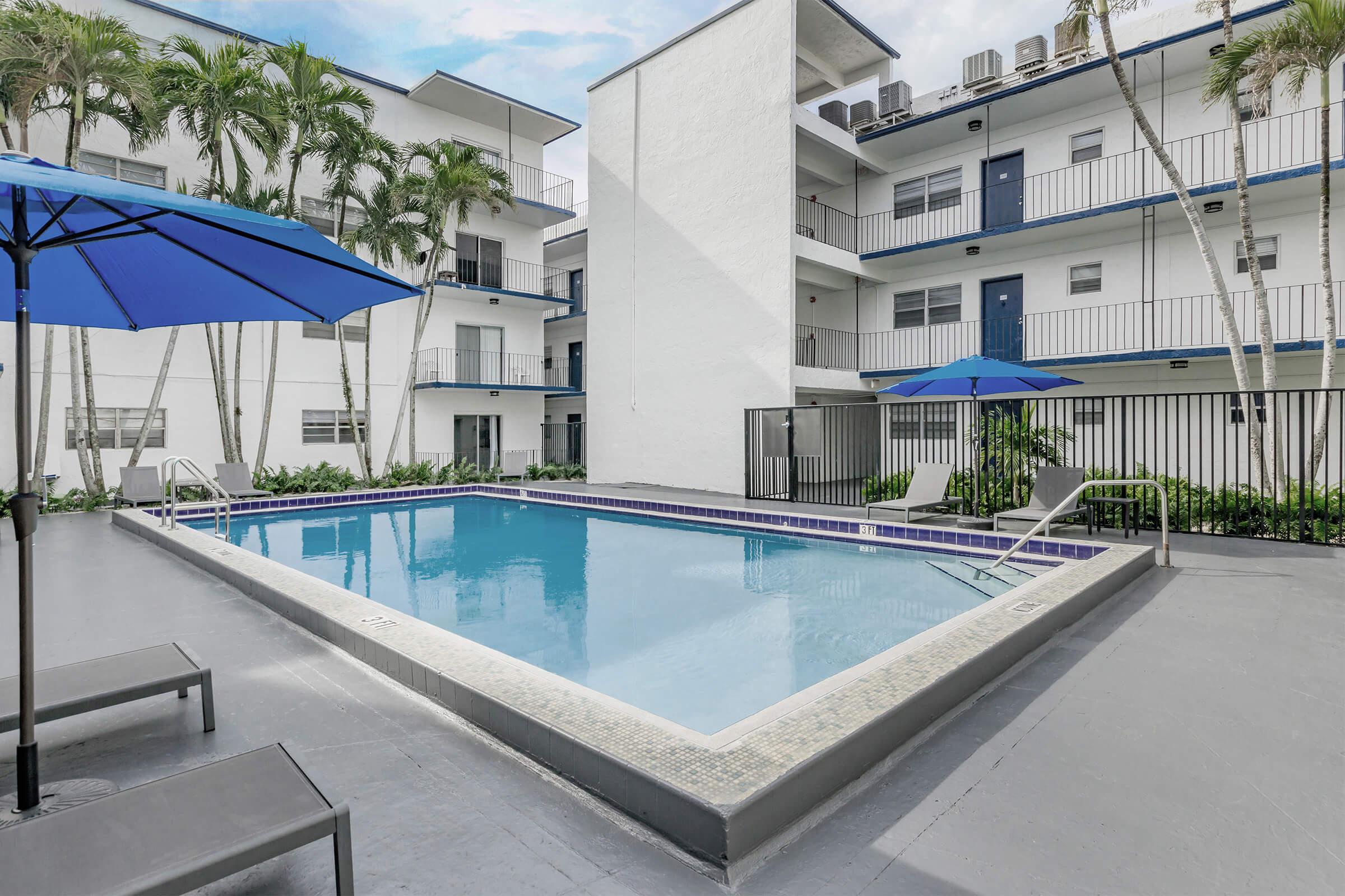 A clear blue swimming pool surrounded by palm trees and lounge chairs, with two blue umbrellas providing shade. The pool area is part of a modern multi-story building, featuring white walls and balcony access. The scene is bright and inviting, ideal for relaxation.