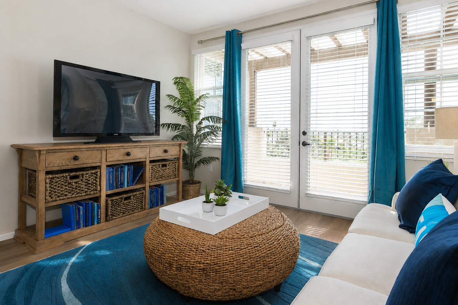 A bright, modern living room featuring a large television on a wooden console, a round woven coffee table, a blue area rug, and decorative pillows on a light-colored sofa. Sunlight streams through large windows with sheer curtains, and a green plant adds a touch of nature to the space.