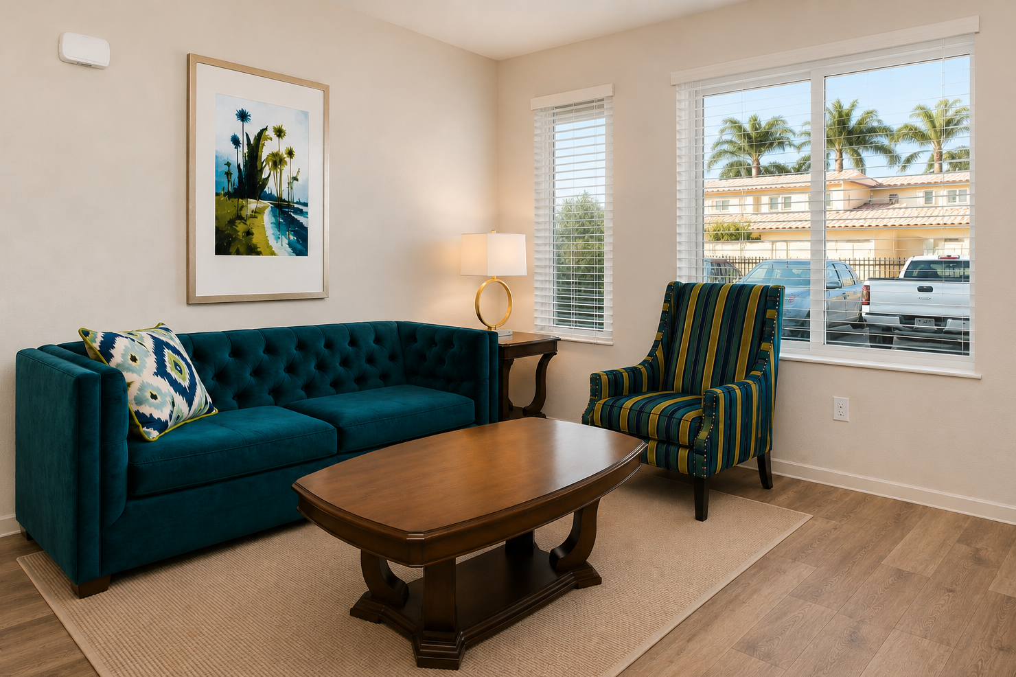 A cozy living room featuring a dark teal tufted sofa with a colorful patterned pillow, a wooden coffee table, and a striped armchair in blue and green. Light streams in through large windows with blinds, revealing outdoor palm trees and a glimpse of a parked car. Neutral walls and wood flooring create a warm atmosphere.