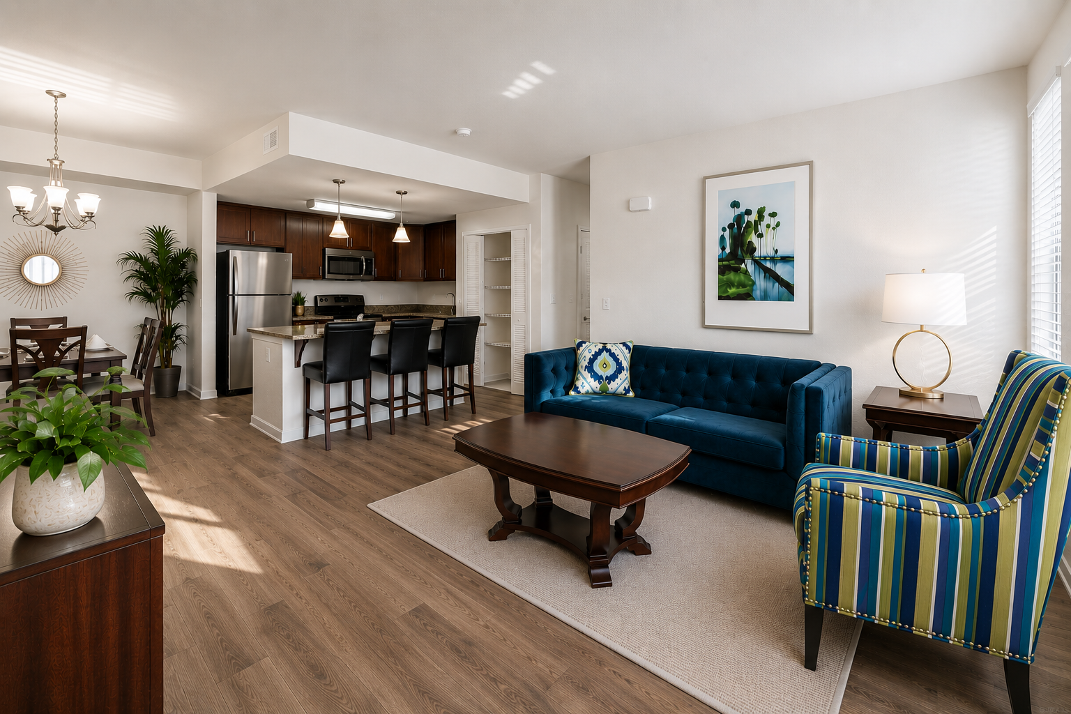 A bright and modern living room featuring a blue sofa, striped armchair, and a wooden coffee table. In the background, there's a dining area with a round table and four chairs, along with a stylish kitchen equipped with stainless steel appliances. Decorative plants and artwork enhance the inviting atmosphere.