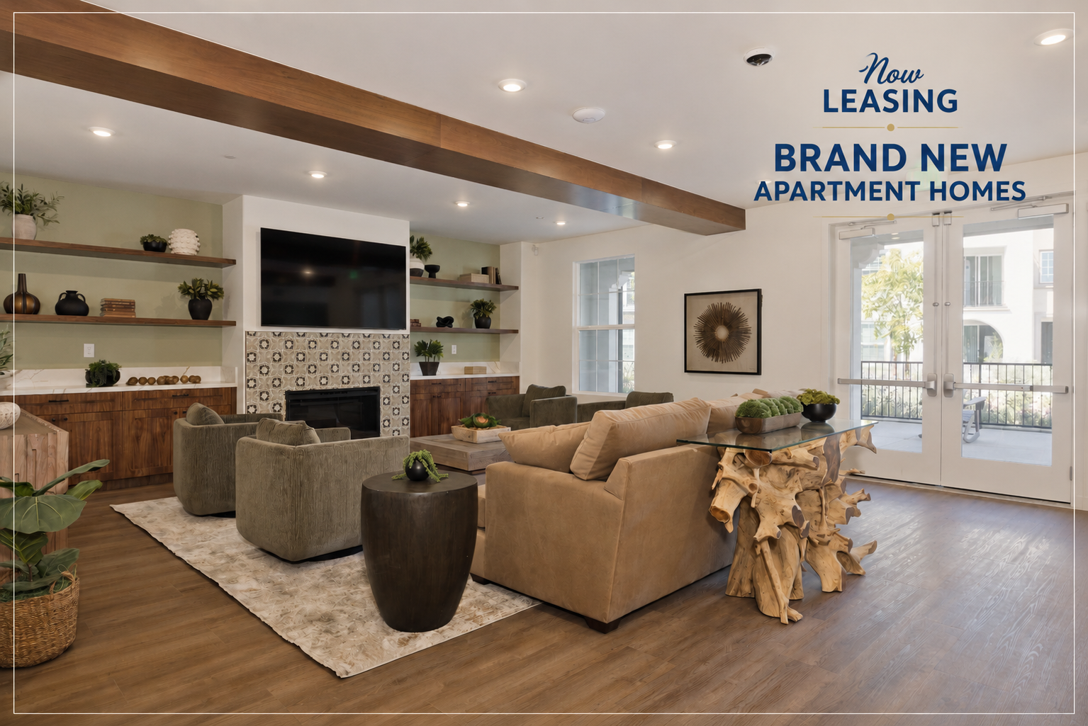 A modern apartment lobby featuring comfortable seating arrangements, a large TV, decorative shelves, and stylish coffee tables. The space is well-lit with natural light and has a welcoming ambiance. Text overlay states "Now Leasing Brand New Apartment Homes."