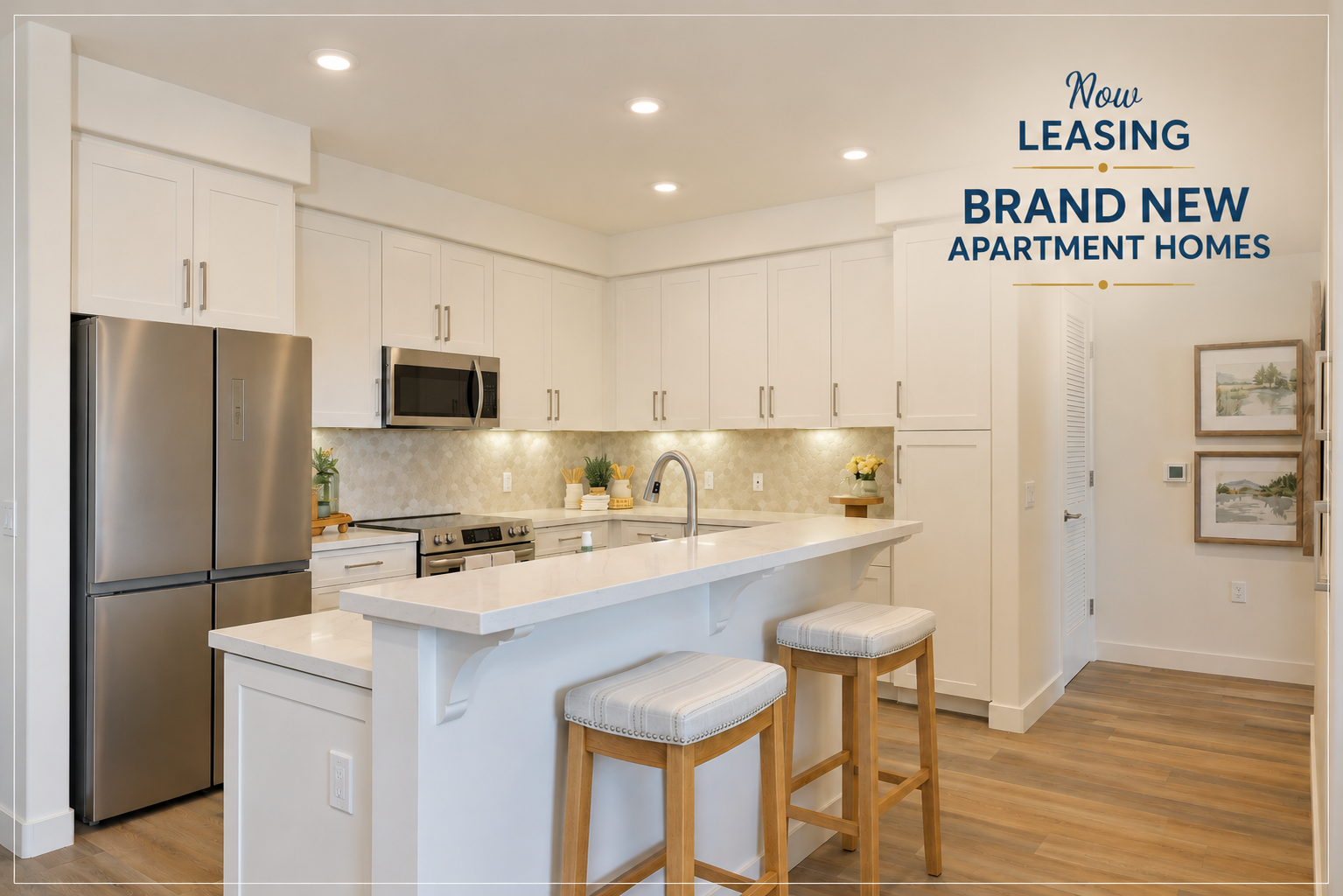 Modern kitchen featuring white cabinetry, stainless steel appliances, and a spacious island with bar seating. The decor includes neutral tones and decorative plants. Text overlay reads "Now Leasing Brand New Apartment Homes." The space is well-lit with recessed lighting and has a contemporary design.