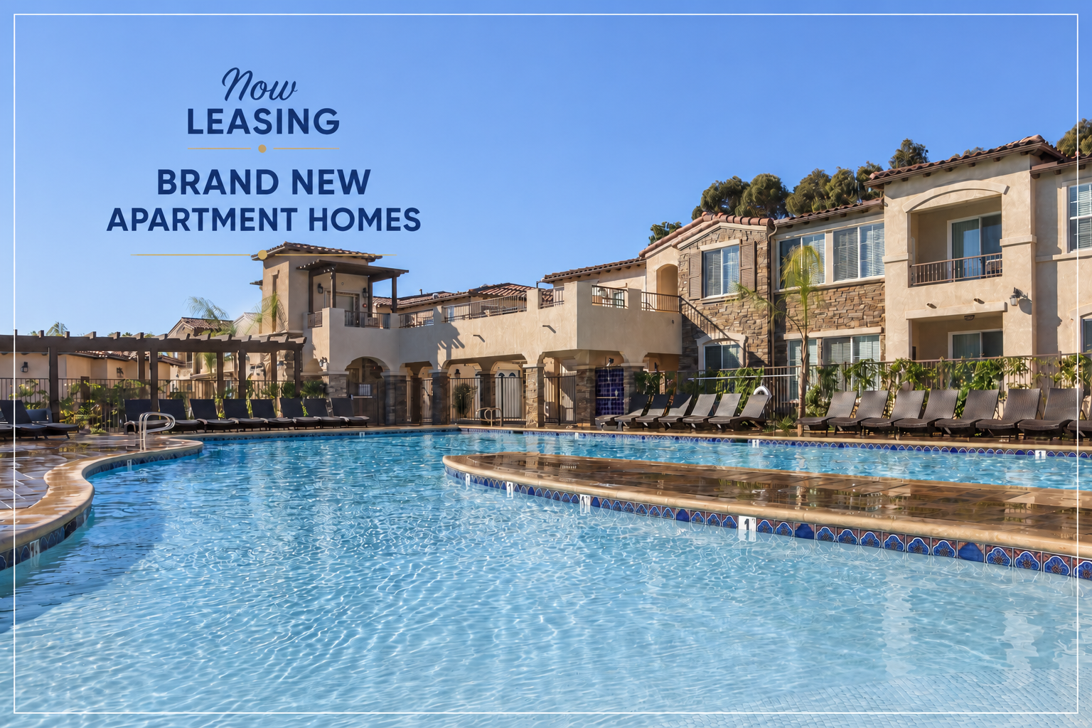 A sunny outdoor swimming pool area with a modern apartment complex in the background. The pool features a curved design, surrounded by lounge chairs. The text overlay promotes brand new apartment homes for lease, emphasizing a welcoming atmosphere and the appeal of a resort-style living environment.