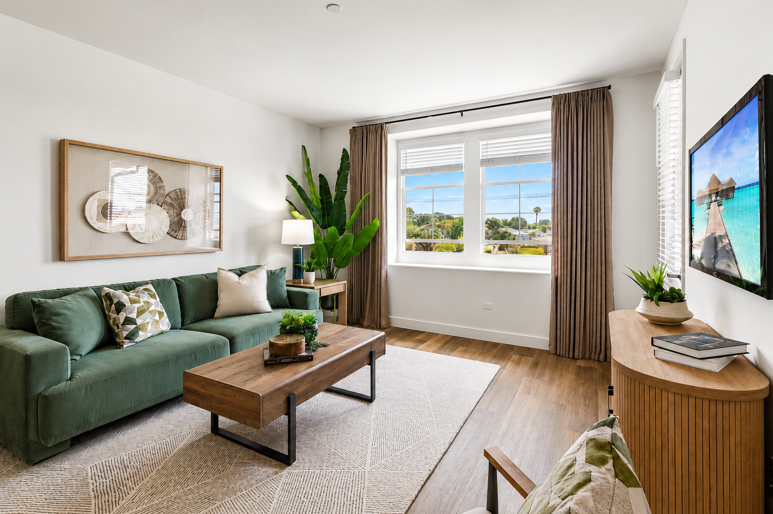 Cozy living room featuring a green sofa adorned with decorative pillows, a wooden coffee table, and a side table with a lamp. Large windows bring in natural light, revealing a view of greenery outside. A flat-screen TV displays a tranquil beach scene, and there are potted plants for added decor.