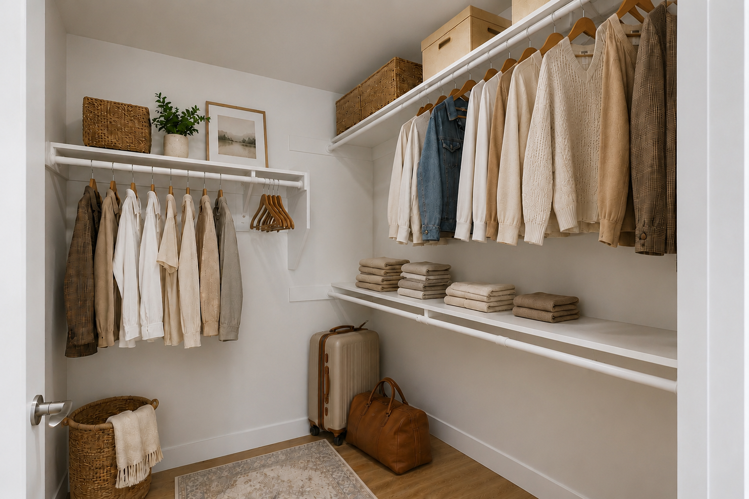 A neatly organized closet featuring hanging garments in neutral tones, including shirts and sweaters, alongside neatly folded towels. There are woven baskets on the shelves, a framed picture on the wall, a suitcase on the floor, and a brown bag leaning against the wall, creating a serene and minimalist atmosphere.