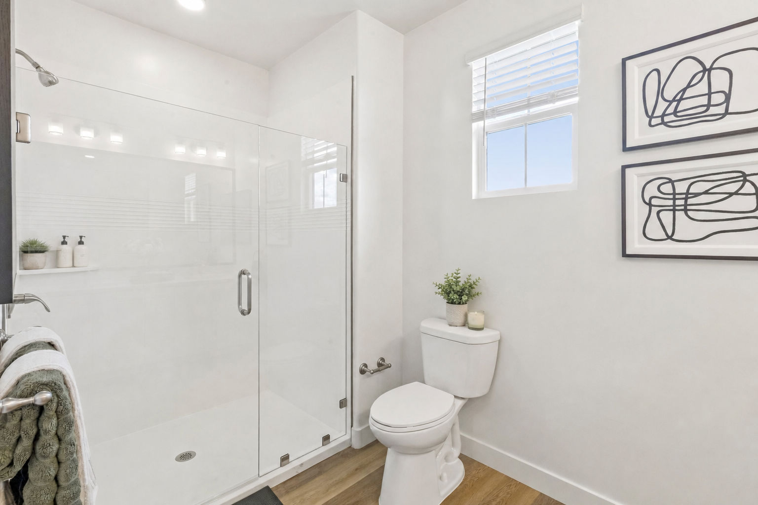A modern bathroom featuring a glass shower with a sleek design, a white toilet, and light wood flooring. Natural light filters through a window with horizontal blinds. Two abstract line art pieces are framed on the wall, and there are decorative items and plants on the countertop.