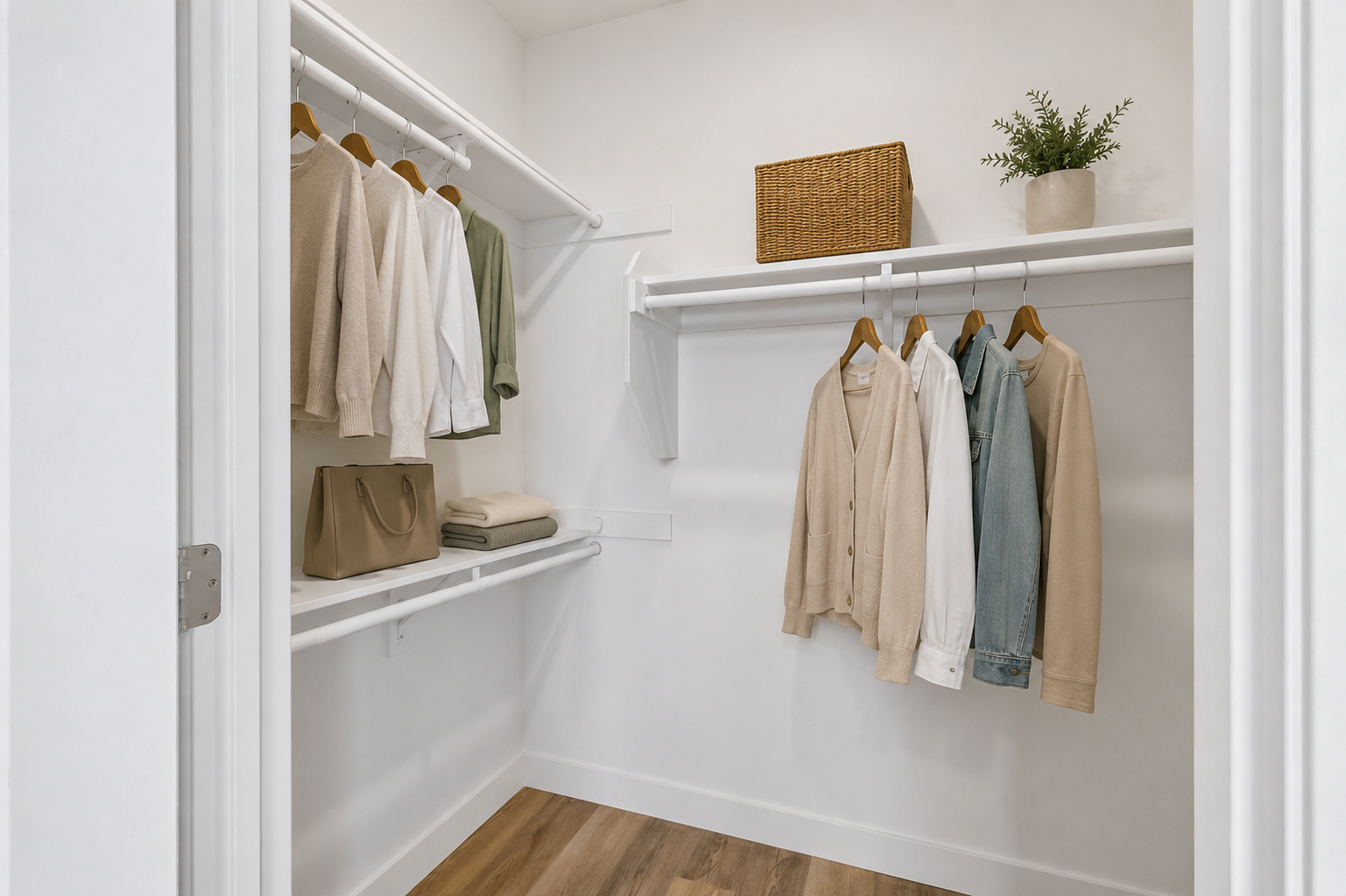 A tidy closet featuring a variety of clothing items neatly hung on white shelves and hangers. The space includes light-colored sweaters, a denim jacket, and a basket with a small plant. The floor is wood, and the walls are white, creating a clean and organized appearance.