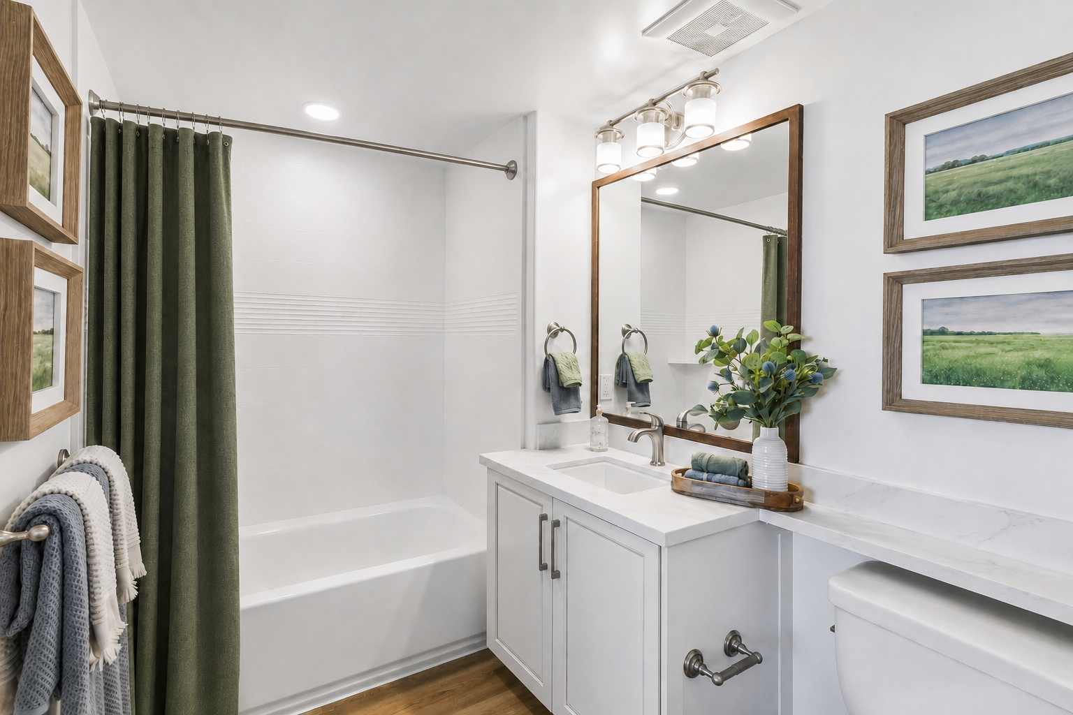 A modern bathroom featuring a white bathtub and shower, a double sink vanity with a marble countertop, a large mirror, and decorative frames with landscape art on the walls. Green curtains and towels add color to the space, complemented by plants on the countertop. Wooden accents enhance the contemporary design.