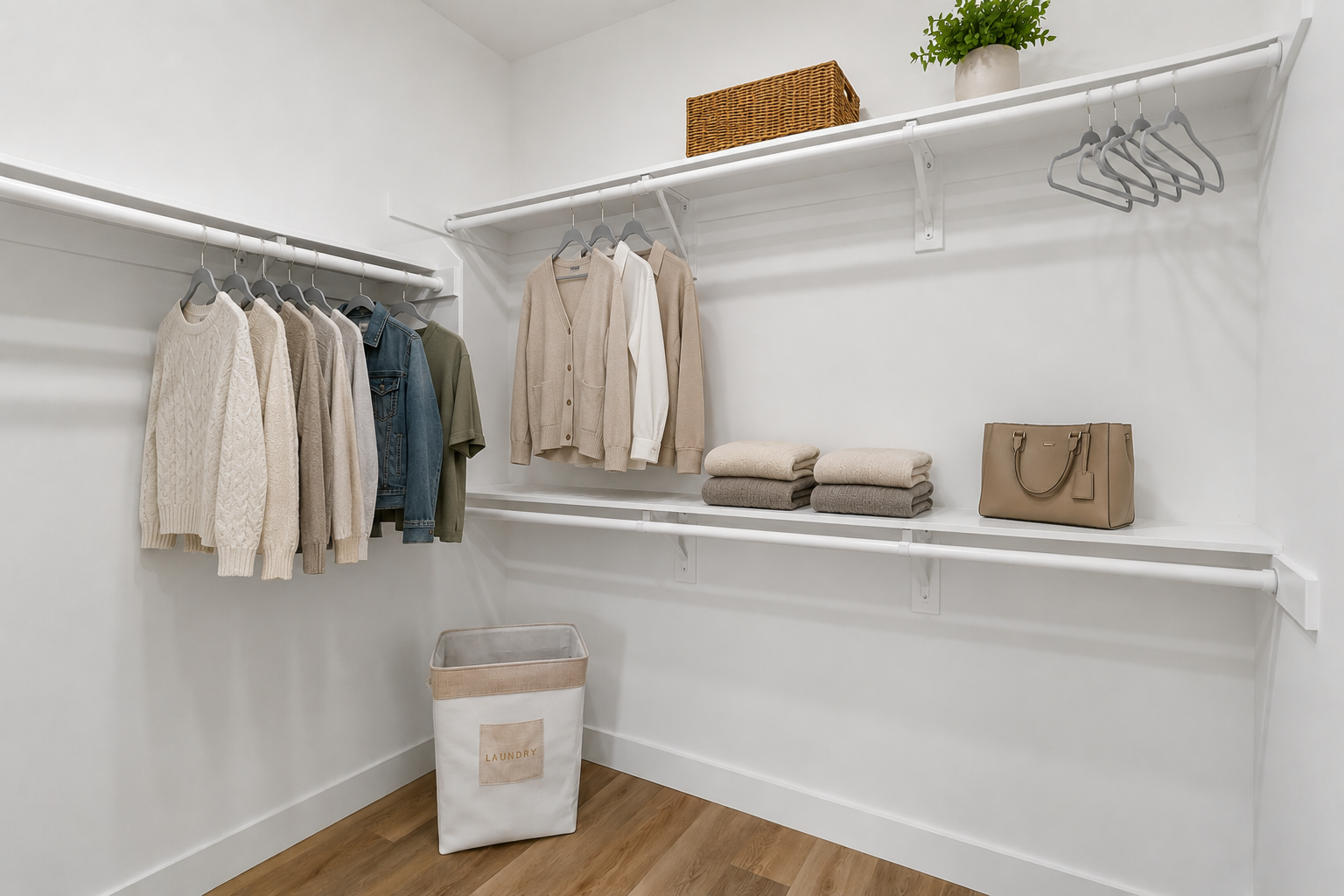 A minimalist closet featuring a variety of light-colored clothing hanging on white shelves, neatly organized. There are two stacks of folded beige sweaters, a tan handbag, and a laundry basket labeled "LAUNDRY." The space is well-lit with a neutral color scheme and a small plant for a touch of greenery.