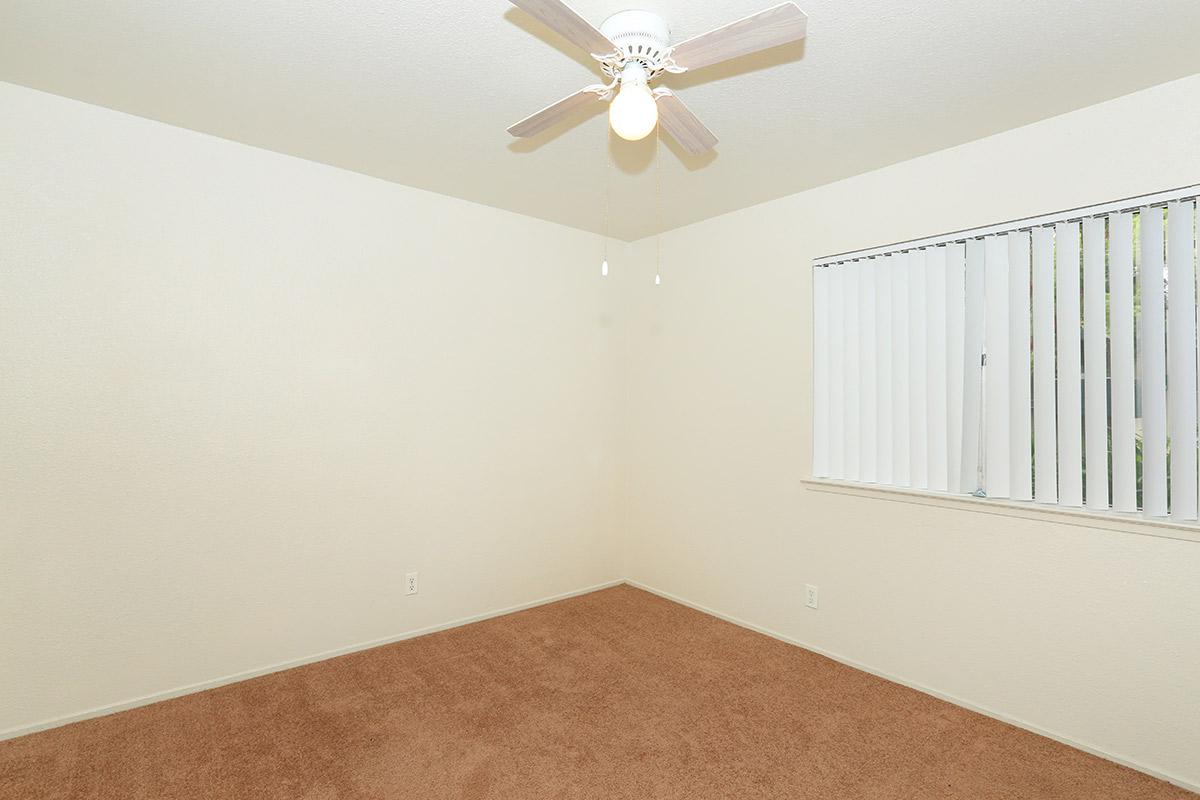 room with ceiling fan and window with blinds.